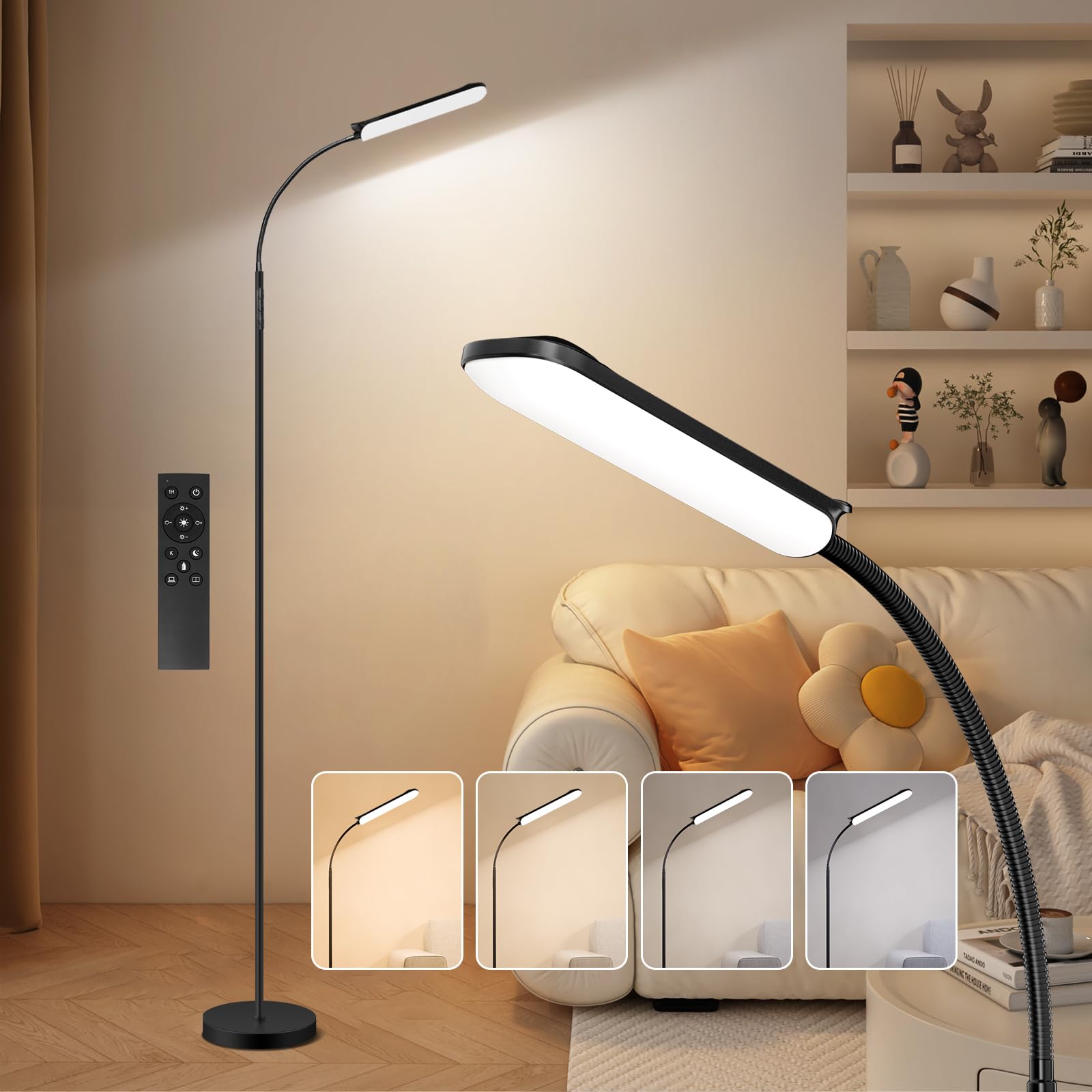 FRIDEKO HOME Stehlampe Wohnzimmer LED 360° Flexibler Schwanenhals mit Fernbedienung & Touch-Steuerung, Büro, Wohnzimmer & Schlafzimmer