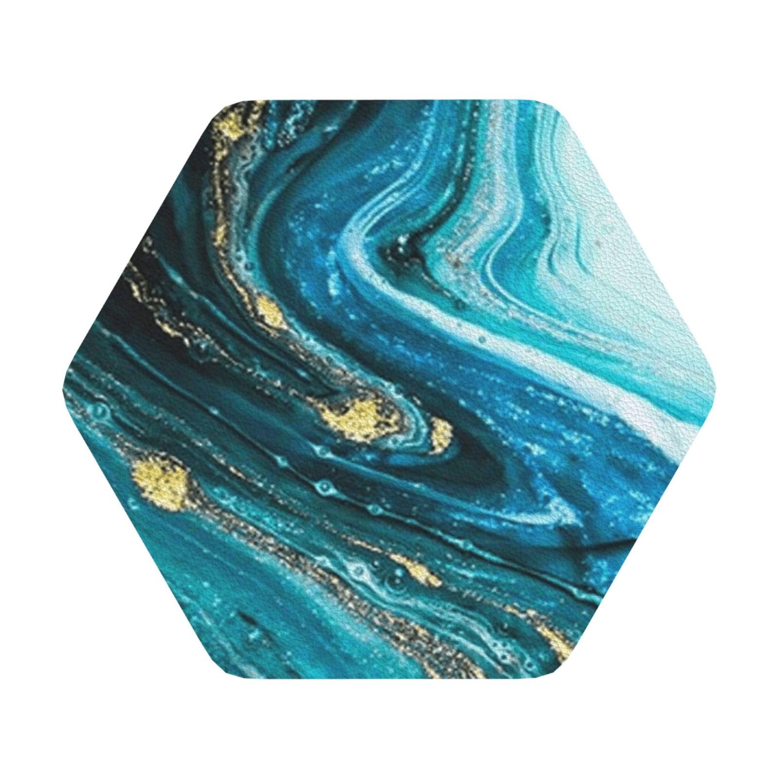 Stone Blue Gold Marble PU Leather Coasters Set of 6 Hexagon Drink Coasters