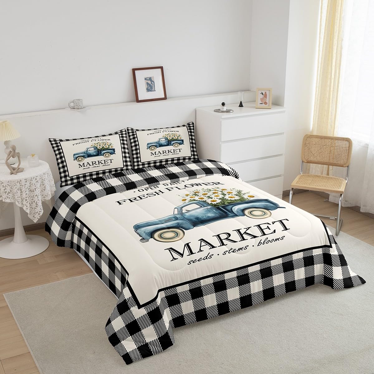 Daisy Flowers Truck Comforter Set King Size Black White Geometric Grid Bedding Set for Kids Girls Teens Boys Room Decor Spring Garden Plants Quilt Set Rustic Farmhouse Duvet Insert 3pcs