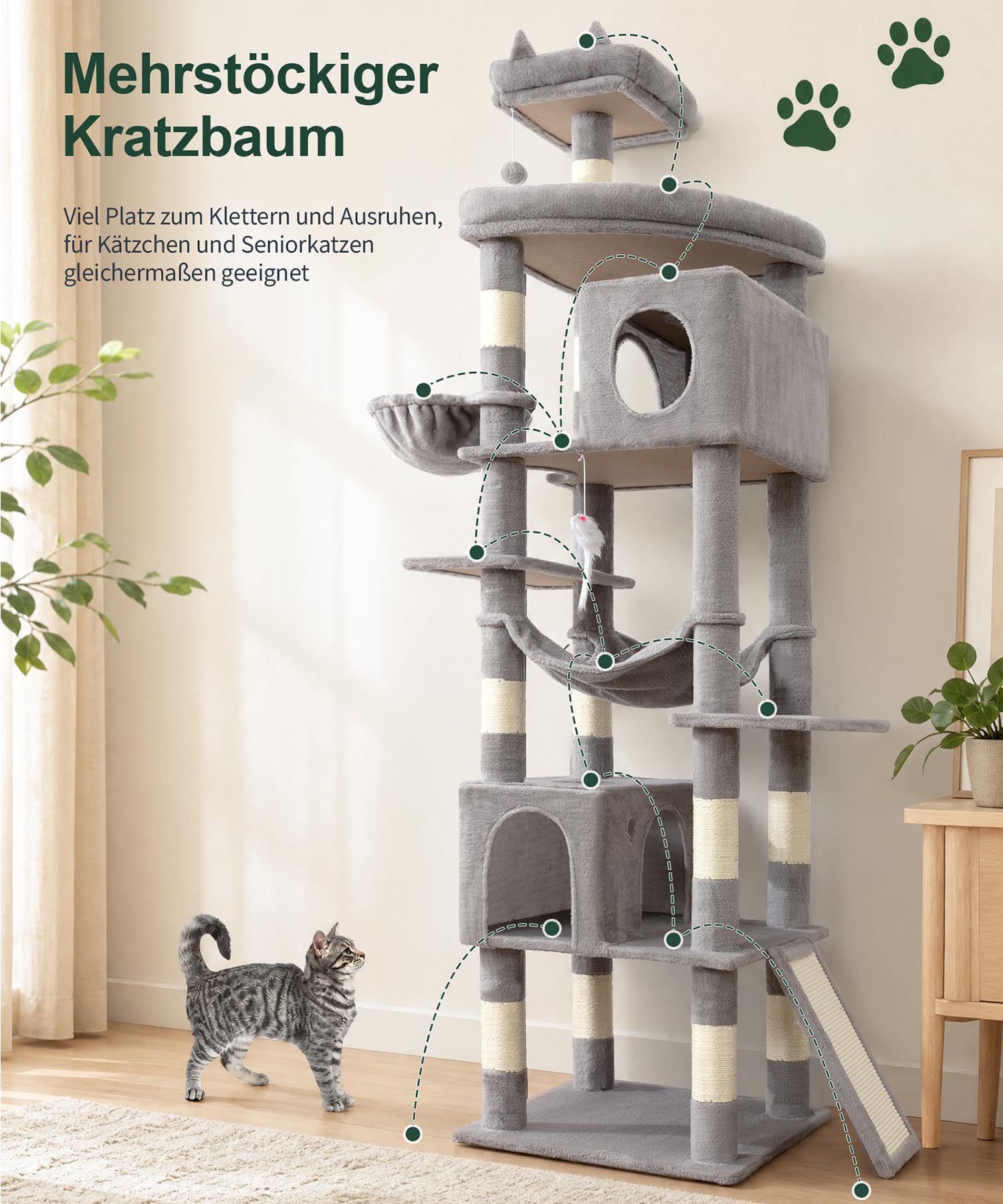 Kratzbaum, 210 cm hoch, Katzenbaum für große Katzen | Kratzbaum Groß, XXL Mehrstöckiger Katzenkratzbaum mit 2 großen Höhlen, 2 Plattformen, Kratzbrett, Hängematte, Sisal Kratzbaum