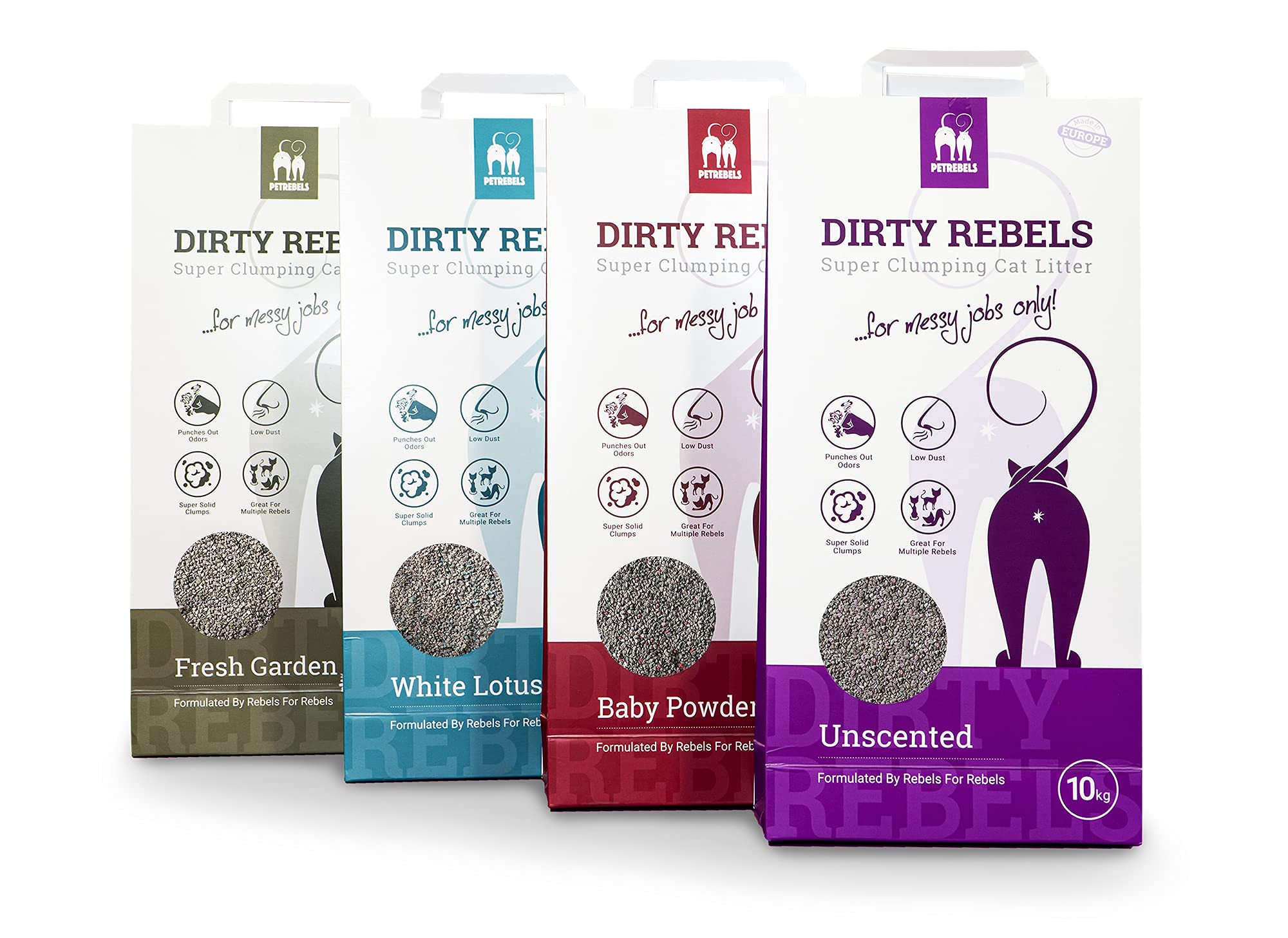 Dirty Rebels 6-pak żwirku dla kotów – 6 x 10 litrów – biały zapach lotosu – bezpyłowy – bardzo mocne grudki – magnez bentonit – jakość premium by Petrebels