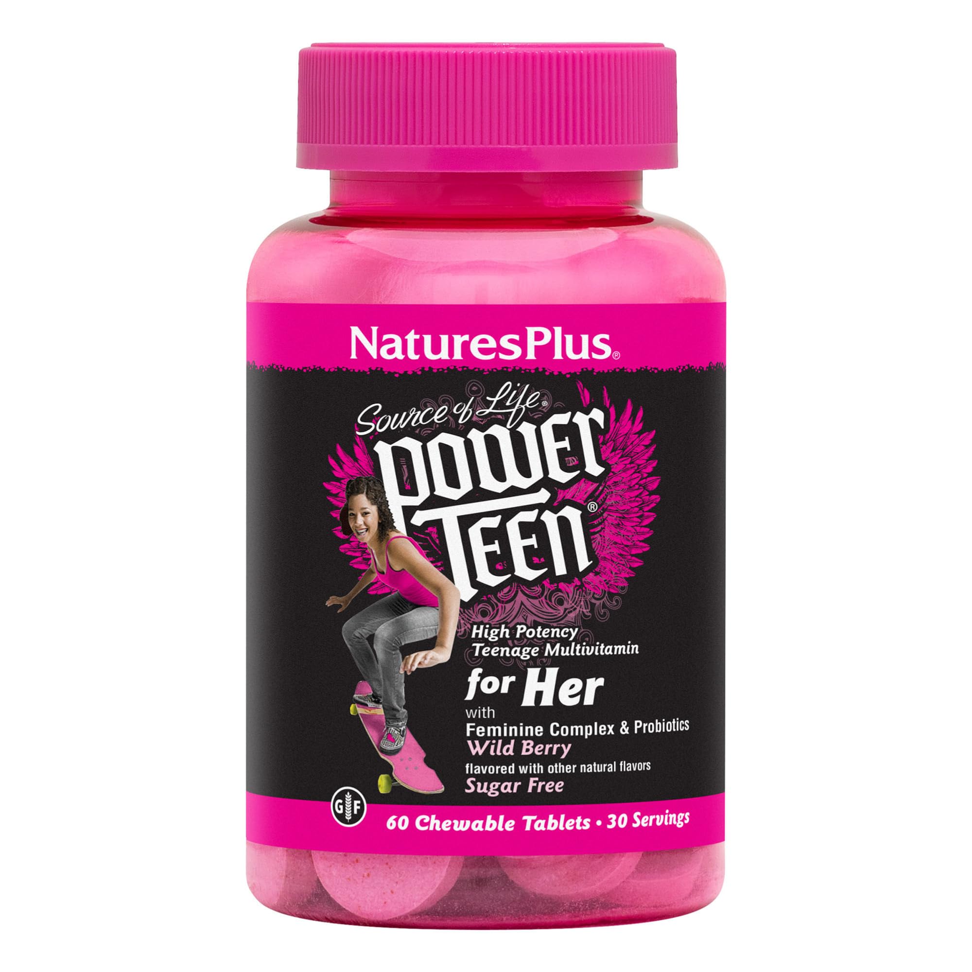 NaturesPlus Power Teen for Her Chewable - 60 Vegetarian Tablets - Wild Berry - High Potency Multivitamin for Young Women - Hormone-Balancing - Sugar Free, Vegan, Gluten-Free - 30 Servings