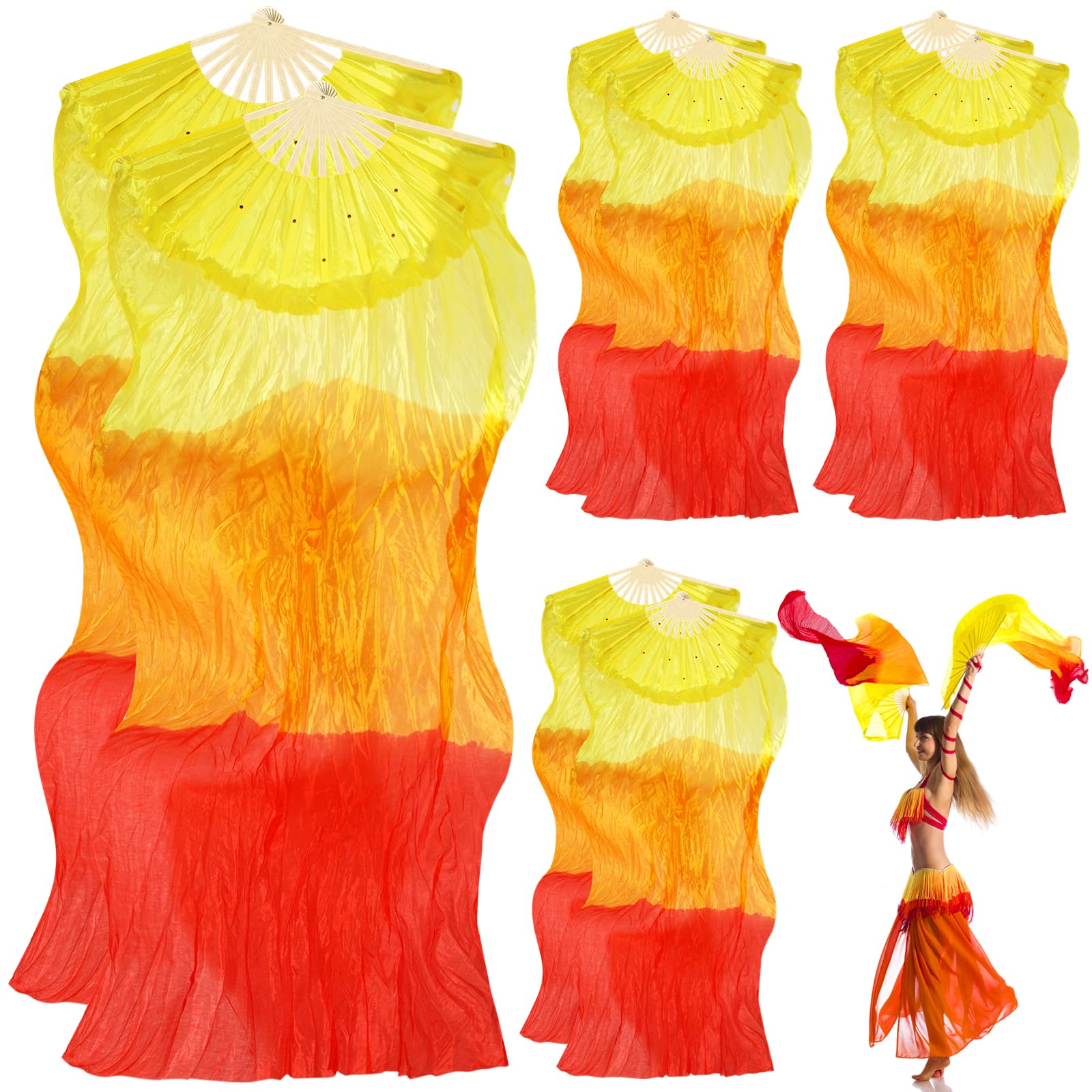 Tideme 4 Pair (Left+Right) Silk Belly Dance Fan, 1.8M Silk Fans for Dancing, Veil Belly Dancing Long Folding Fans, Length 180cm Width 90cm