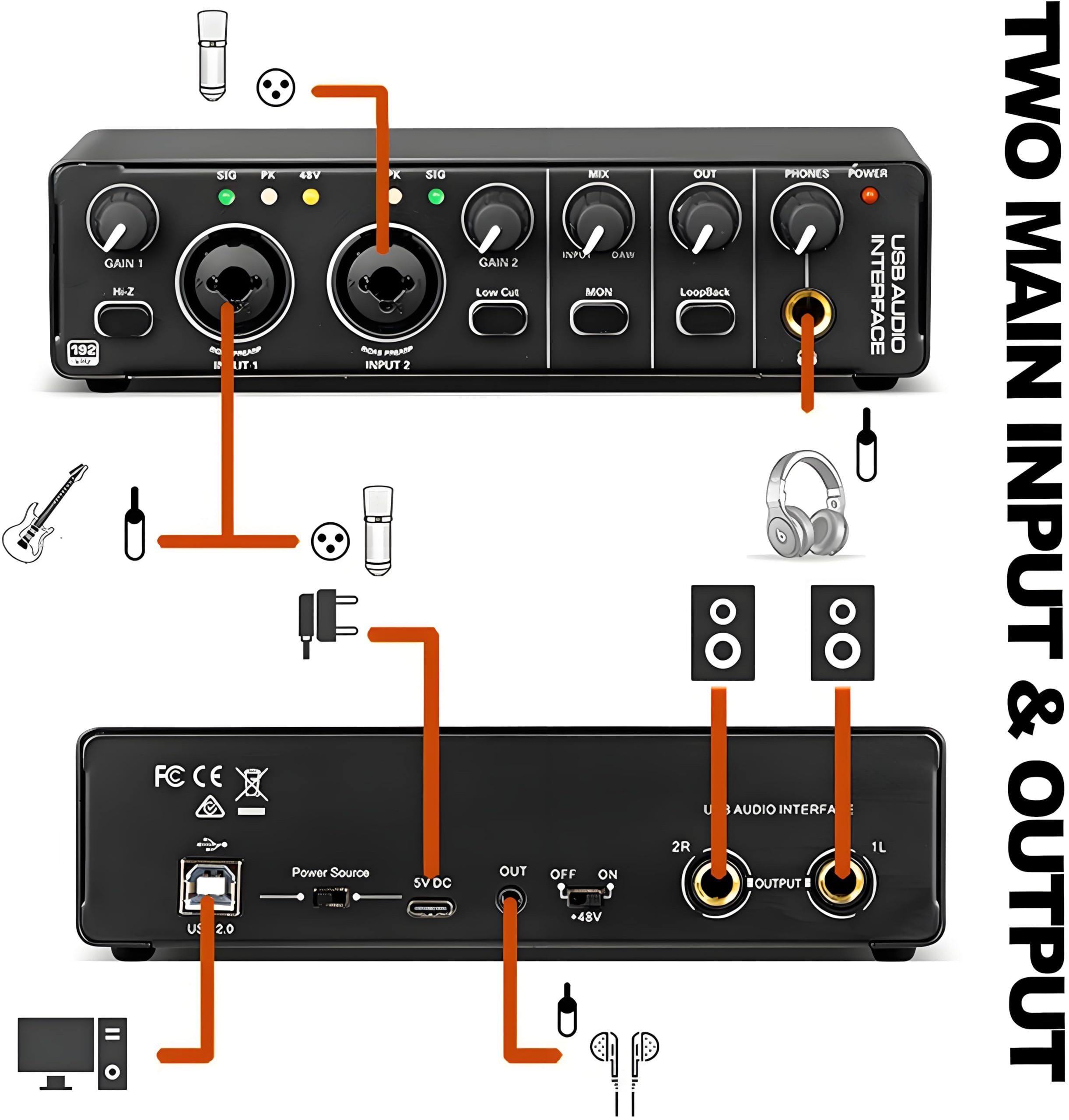 Interfaz de audio de 24 bits y 192 kHz, interfaz de audio USB 2 en 2 salidas para grabación, transmisión, podcasting con mezclador de audio profesional, preamplificador de micrófono, puertos XLR TSR
