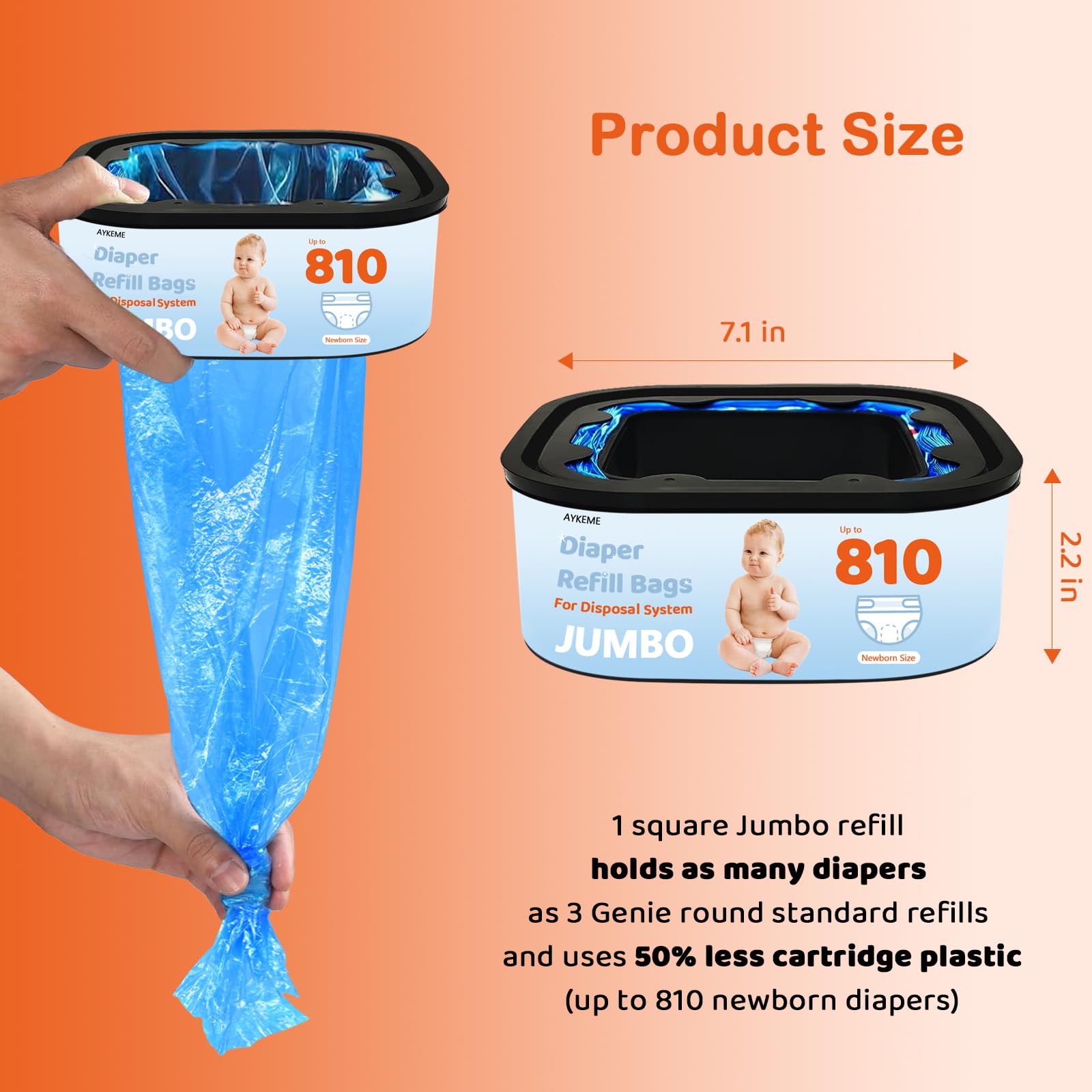 Sacchetti di ricambio quadrati Jumbo compatibili con pannolini Genie Compact & Select (non adatti ai classici), confezione da 3 per pannolini fino a 2430 pannolini di dimensioni per neonati