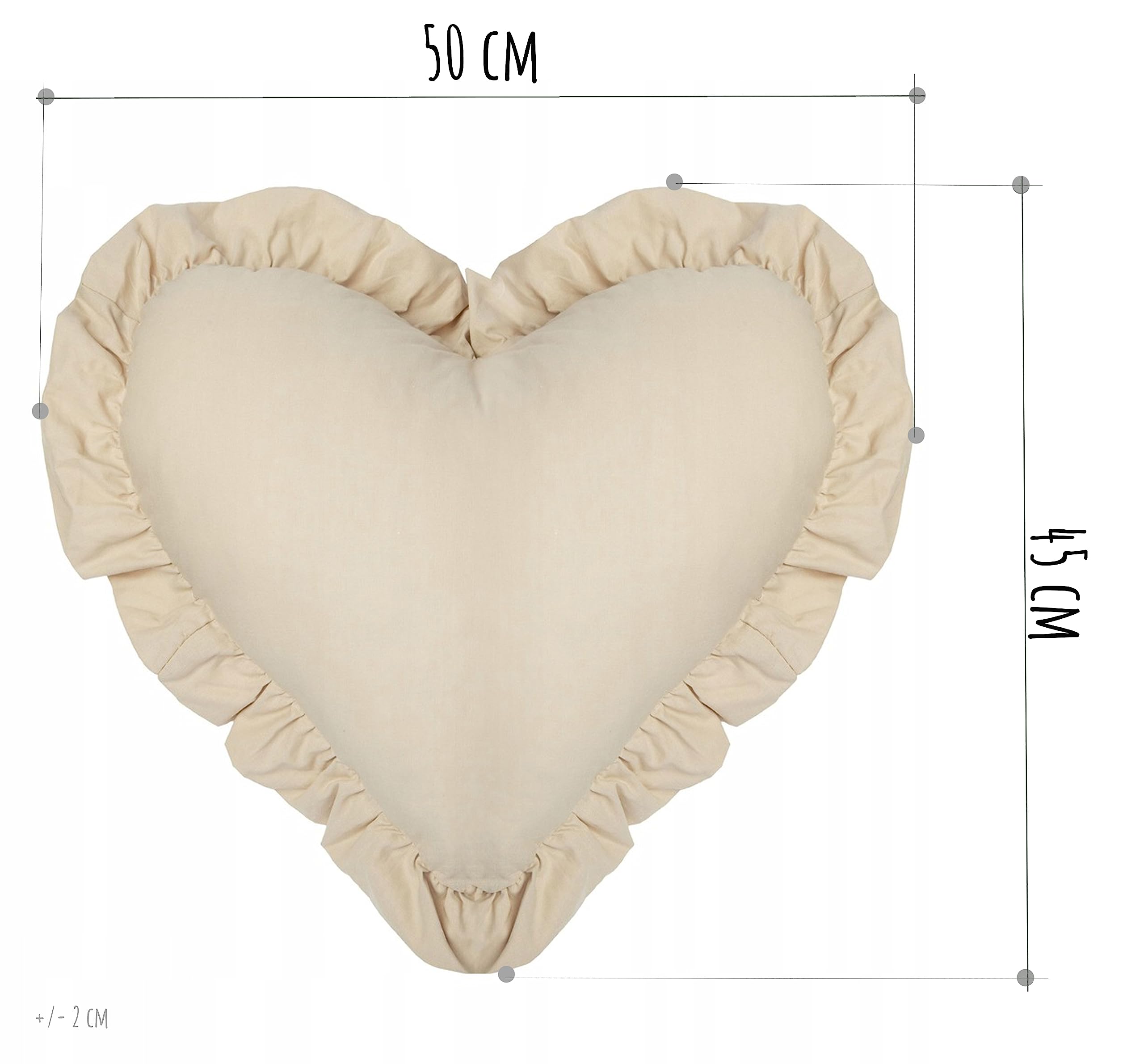 PIMKO Cuscino a forma di cuore con volant, con volant, cuscino decorativo, cuscino per divano, con federa e imbottitura, 45 x 50 cm (beige)