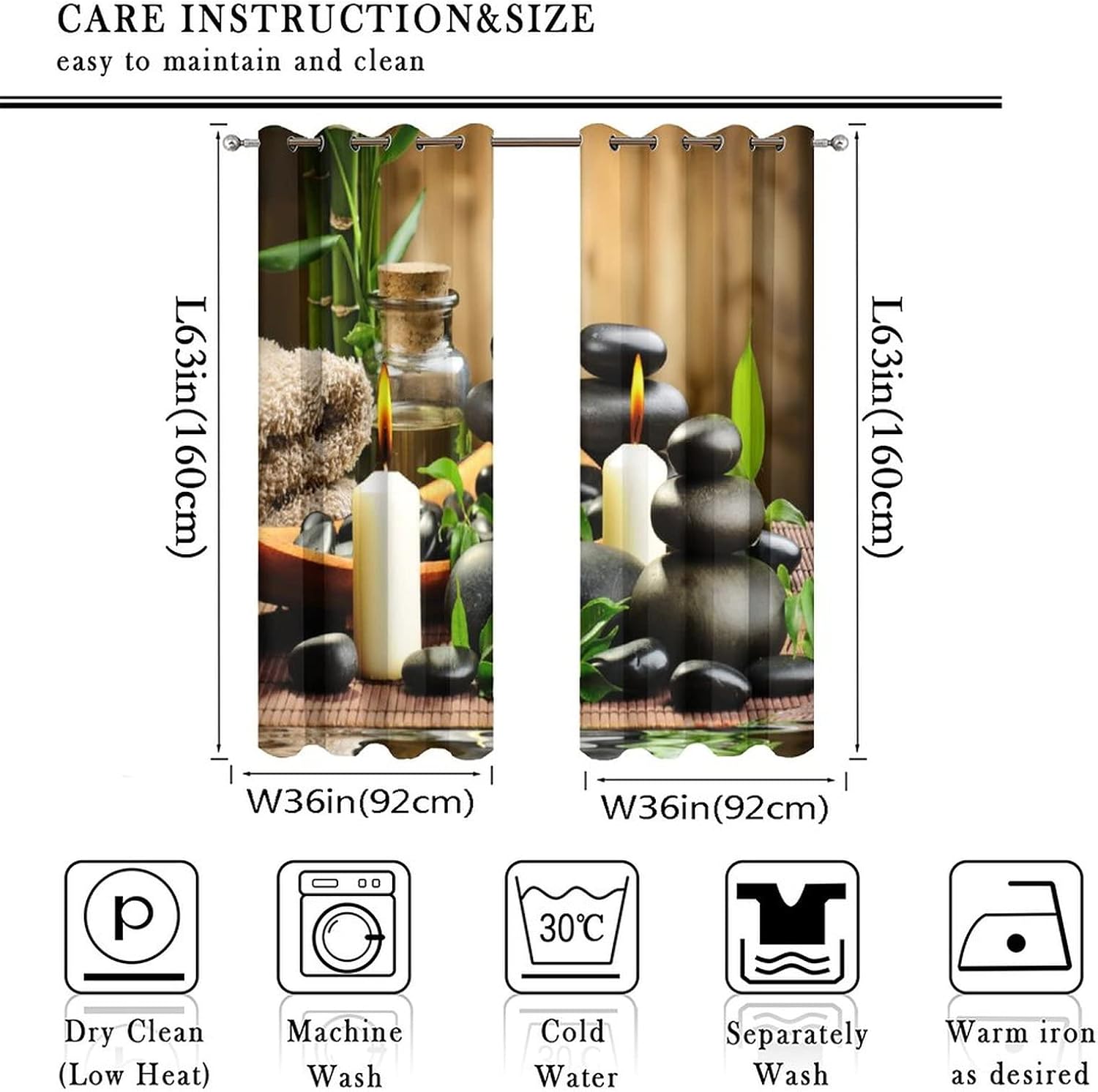 Zen Spa Japanese Garden Theme Ultra Soft Premier Blackout Curtains,Black Stone White Flower Green Bamboo PrintThermal Insulated Bedroom Noise Reducing Patio Door Grommet Top,2 Panels 63L x 36W