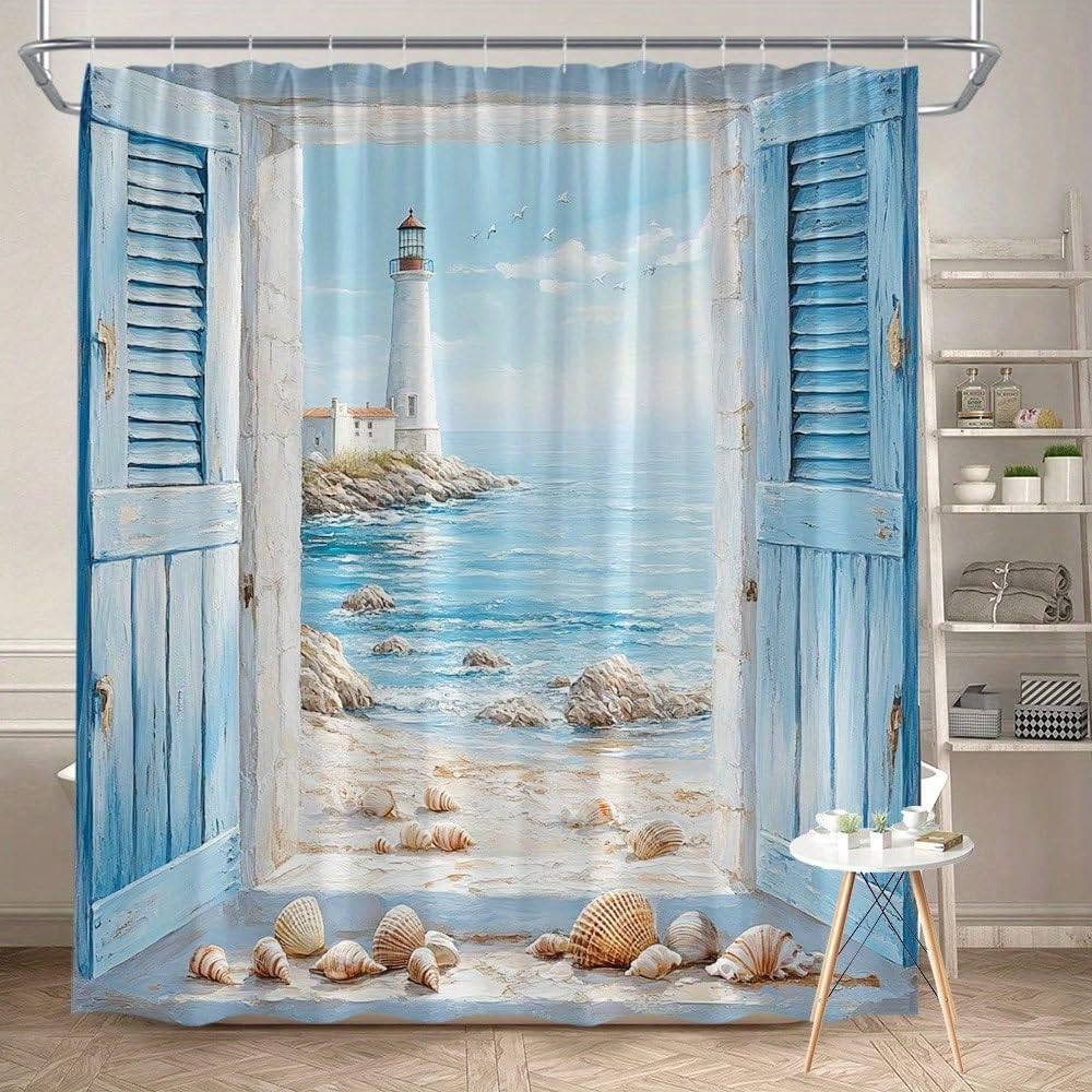 GLKSDLPO Coastal Scenery Shower Curtain With Lighthouse And Seashells Digital Painting Of Beach, Waves Seagulls Bathroom Decor(120x200cm/47x79in(WxH)