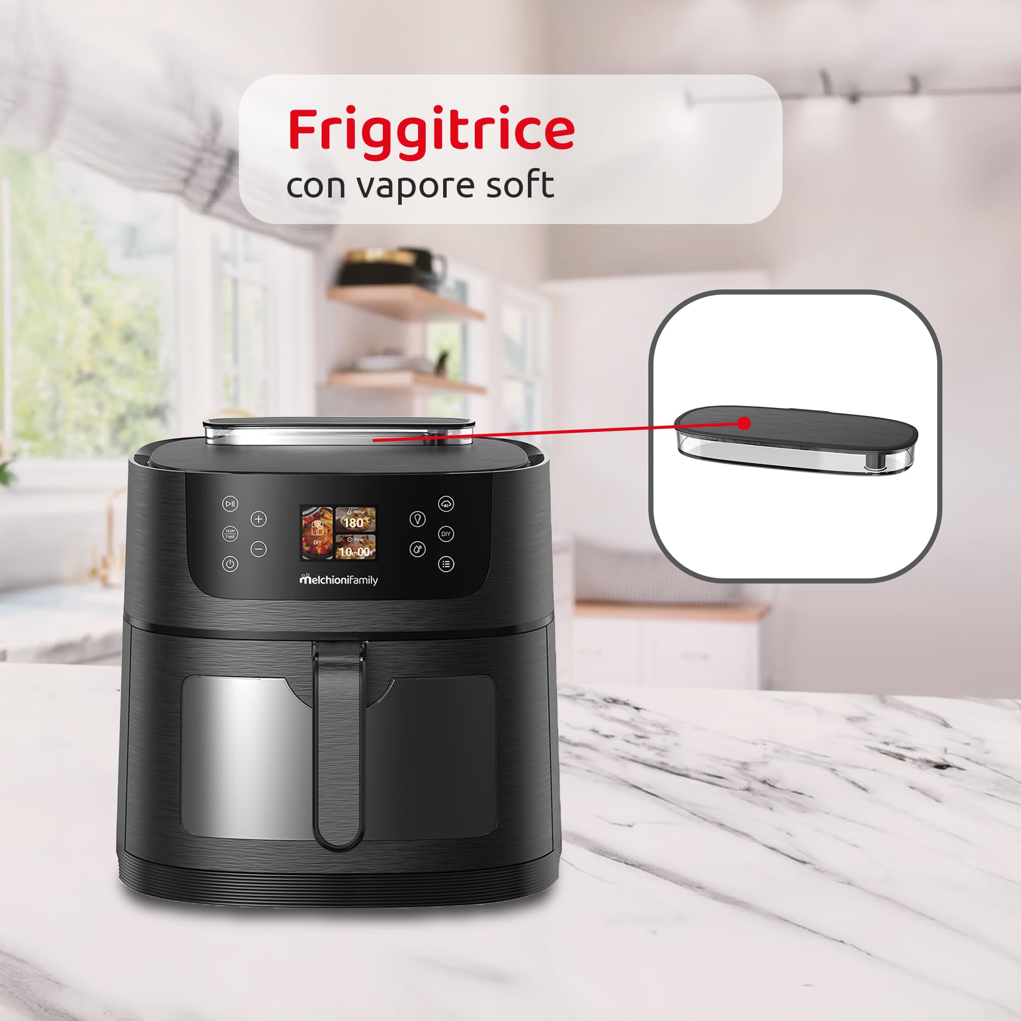 Melchioni Family DORA AI Friggitrice ad Aria 8L con Intelligenza Artificiale riconoscimento cibo e Vapore Soft | 24 Programmi Preimpostati, Cassetto con Finestra, Luce Interna, Potenza 1800W