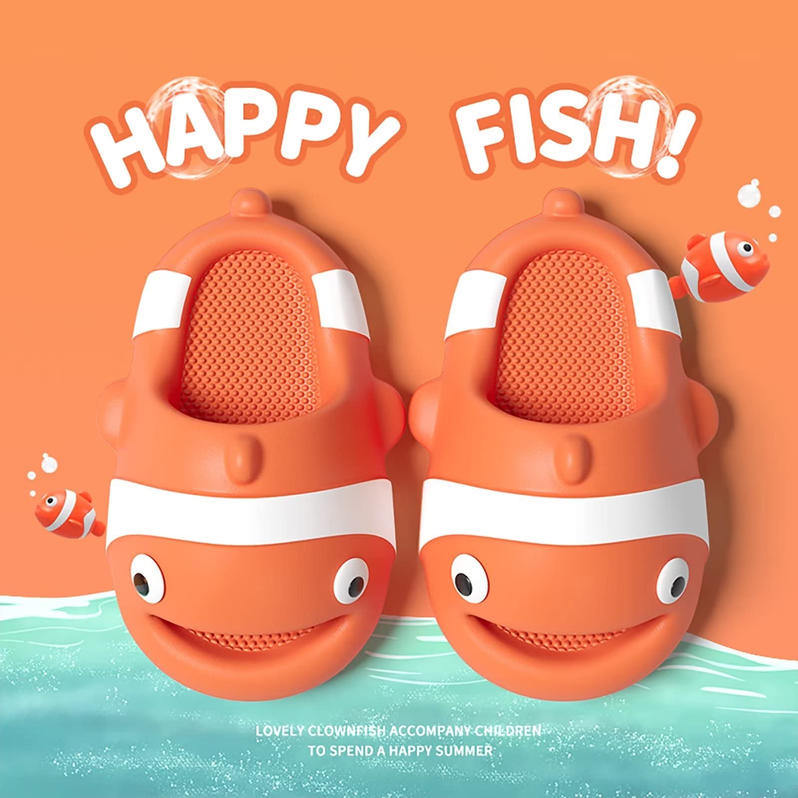 Jerzmy Clown Fish Cloud Slides for Kids Toddler, Cushioned Cute Boys Girls Sandals, Funny Animal Comfy House Slippers Non Slip Beach Shower Shoes for Indoor Outdoor Pool Garden, Orange Size 9