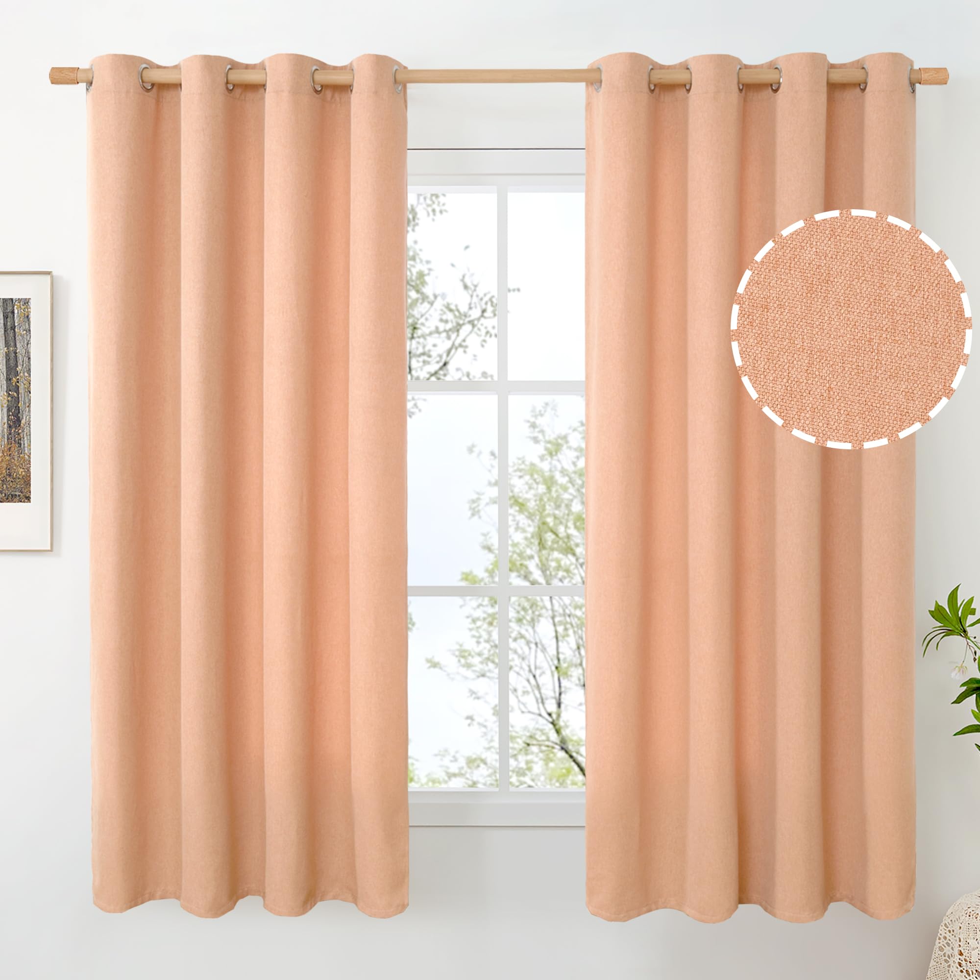 BGment Peach Linen Curtains 63 Inch Length No See Through for Living Room, Privacy Thick Textured Drapes for Bedroom Girl with Grommet Light Filtering Spring Decor, 2 Panels, Each 52 Inch Wide โ image 1