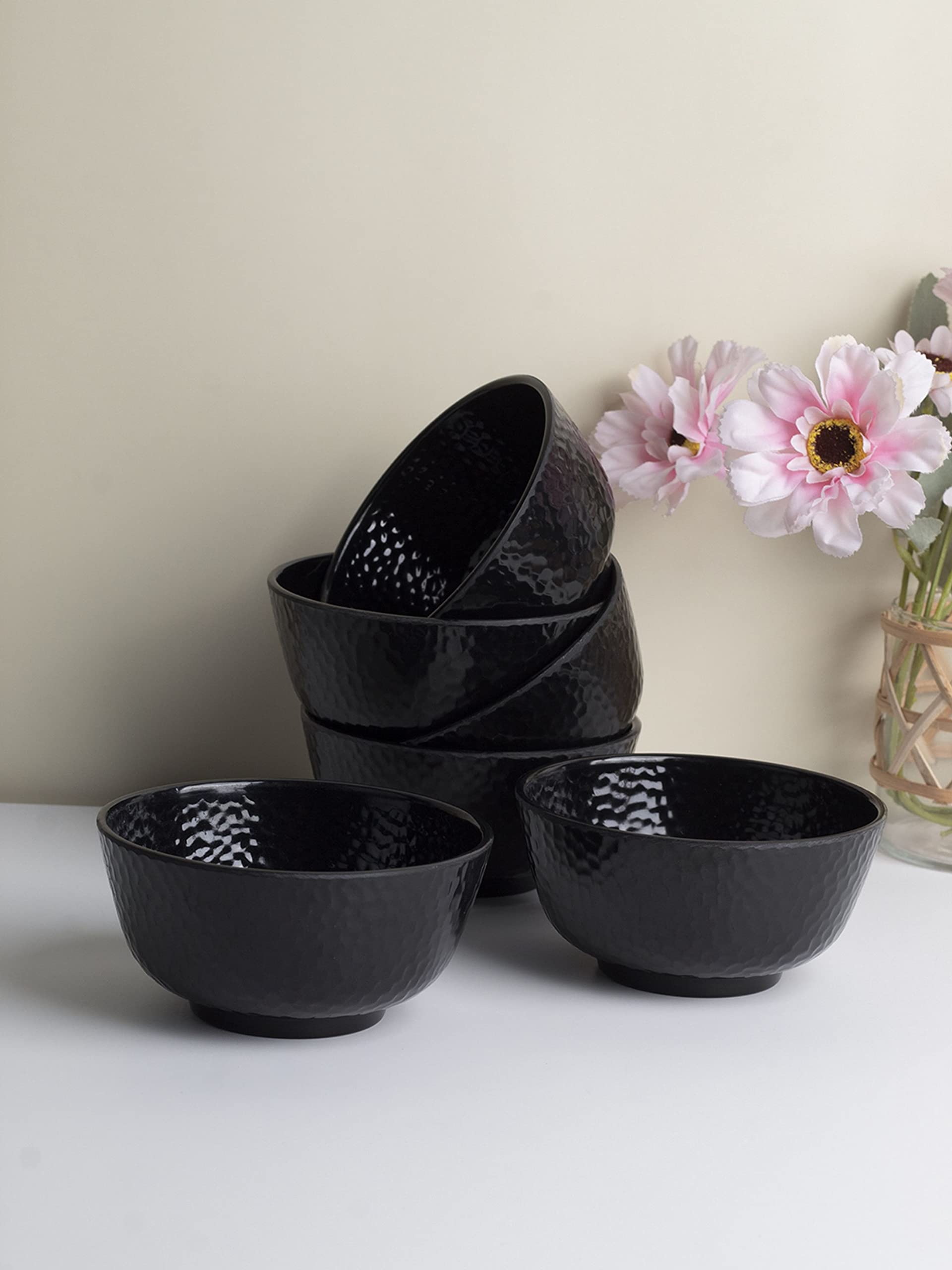 Market99 Black Melamine Solid Hammered Soup Bowls Set of 6 (218ml) | Serving Bowls for Salads, Noodles, Pasta, and Oatmeal | Small Serving Bowl for Dining Table