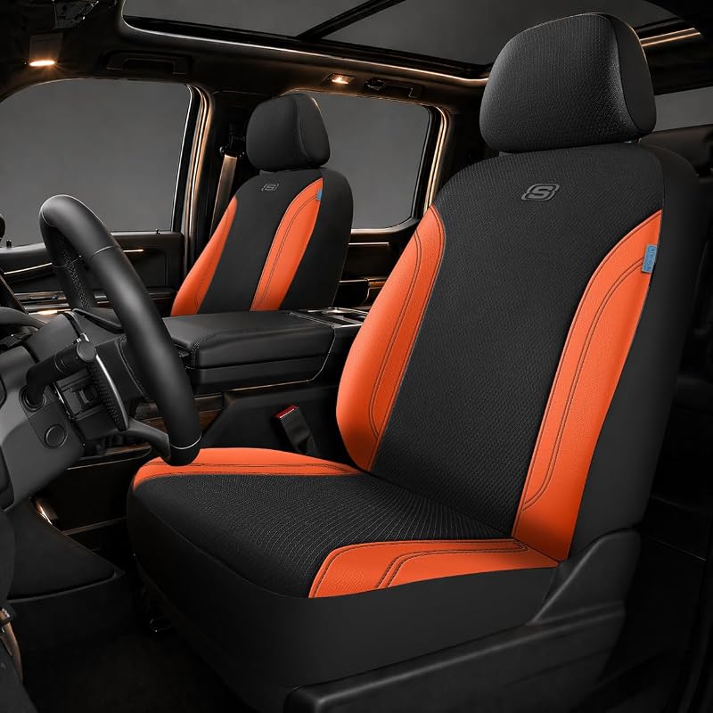 Capa para Banco Dianteiro Skechers Work em Couro e Tecido Oxford Preto e Laranja Compatível com Airbag Par