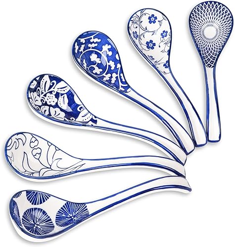Selamica Juego de 6 cucharas de sopa asiáticas de cerámica, cucharas de sopa china de cerámica, cucharas de ramen de 6.3 pulgadas, cucharas de sopa