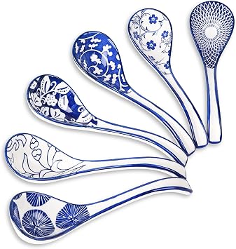 Selamica Ceramic Asian Soup Spoons Set of 6, Ceramic Chinese Soup Spoons, 6.3 Inch Ramen Spoons, Japanese Soup Spoons for Cereal Stews Noodles, Vintage Blue