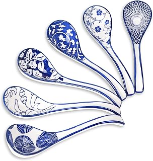 Selamica Ceramic Asian Soup Spoons Set of 6, Ceramic Chinese Soup Spoons, 6.3 Inch Ramen Spoons, Japanese Soup Spoons for Cereal Stews Noodles, Vintage Blue