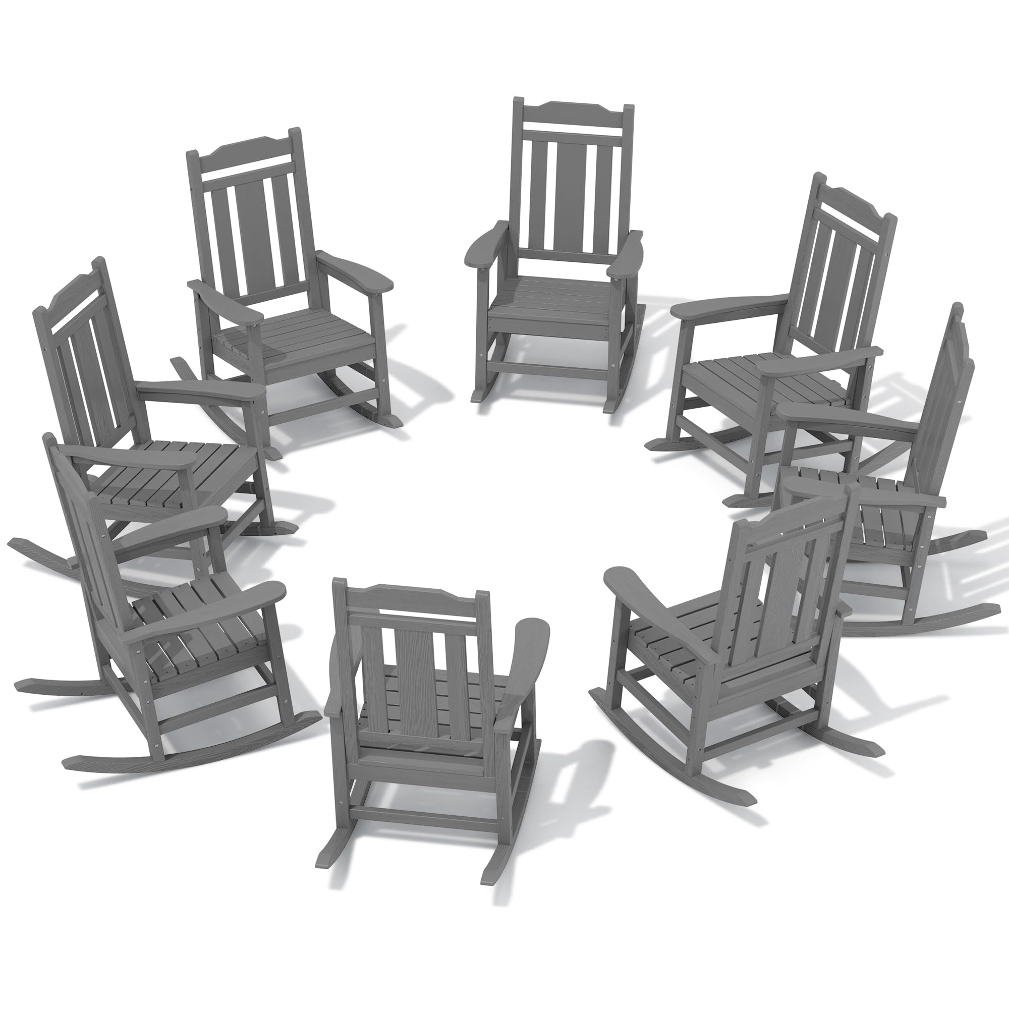 SERWALL Outdoor Rocking Chair Gray Set of 8, All Weather Patio Rocking Chair, HDPE Poly Rocking Chair for Adults, Heavy Duty Front Porch Rocker