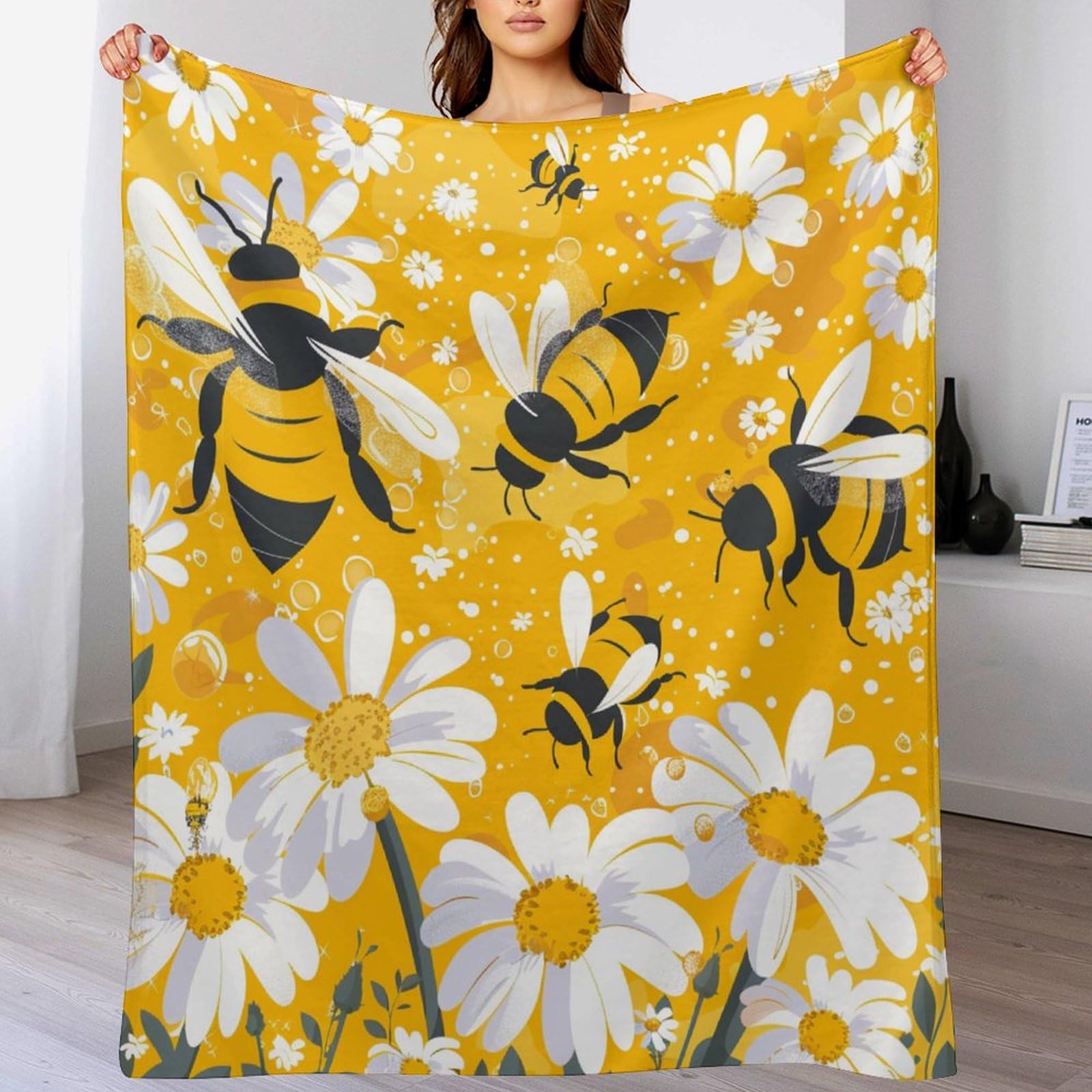 Couverture flanelle jaune abeilles haut de gamme 127 x 152 cm