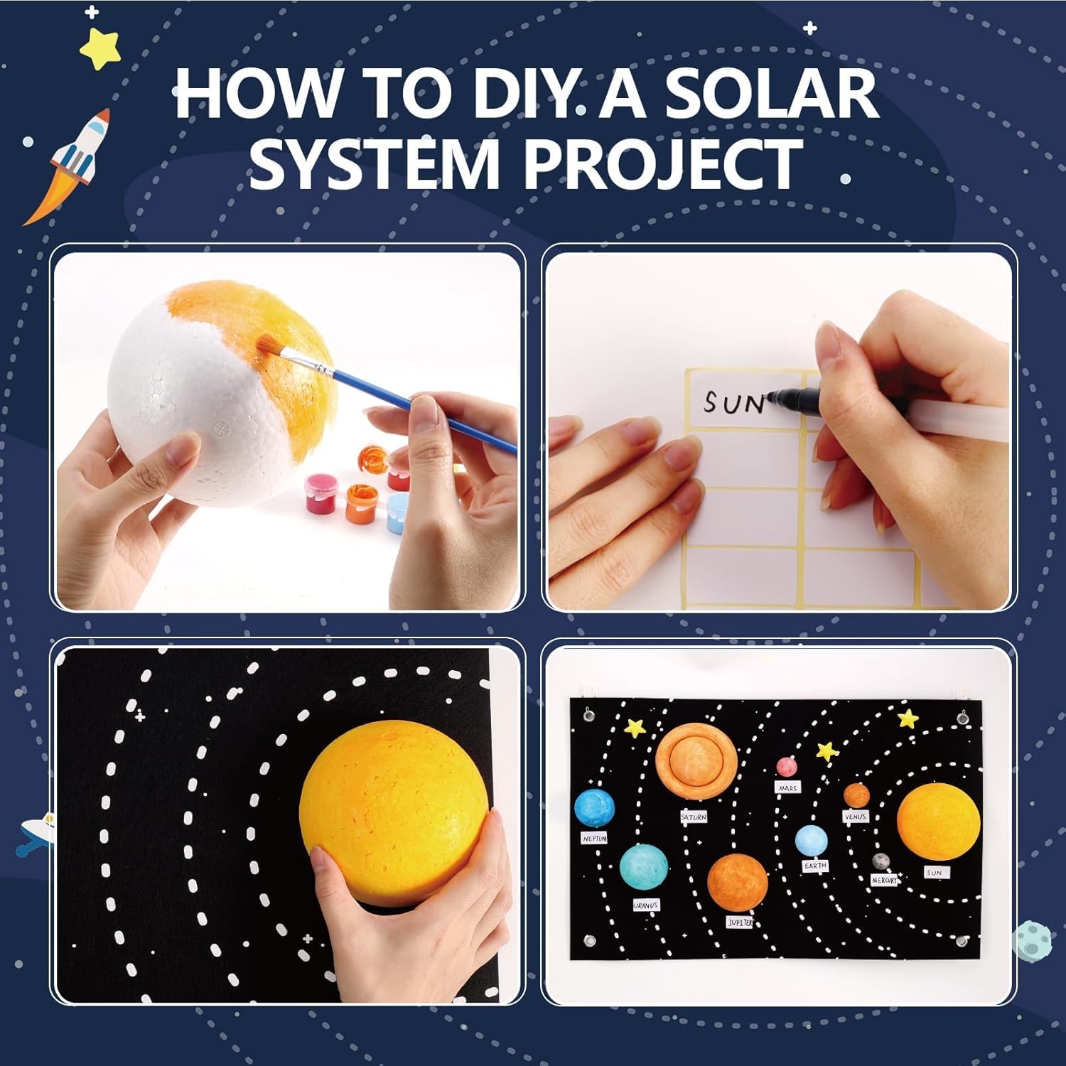 Pllieay Solar System Model Kit for School Science Projects, DIY Felt Backdrop Solar System Project Kit Includes Felt Background Plate, Mixed Size Foam Balls, Acrylic Color for Space Education - Image 4