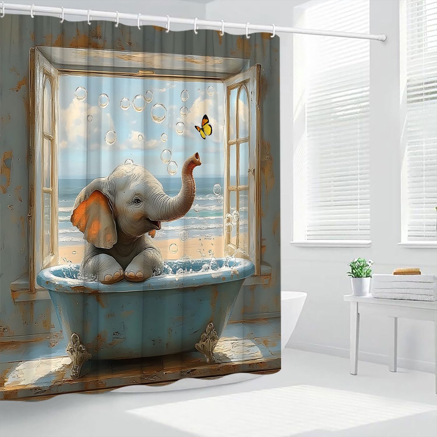 Funny Elephant Shower Curtain Cute African Animal in Bathtub Bubble Window Sea View Modern Polyester Curtains Bathroom Decor with Hooks 78" Wx70 H