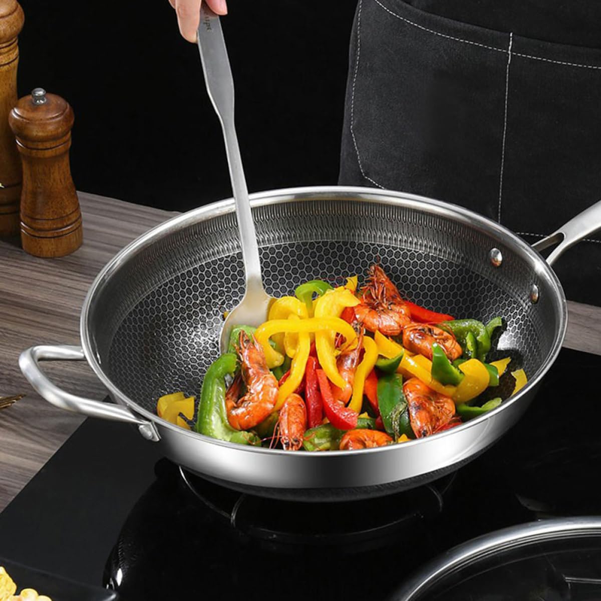 Padella Wok in Acciaio Inossidabile Design a Nido D'ape, Facile da Pulire, Compatibile Induzione, per Cuocere Verdure e Barbecue