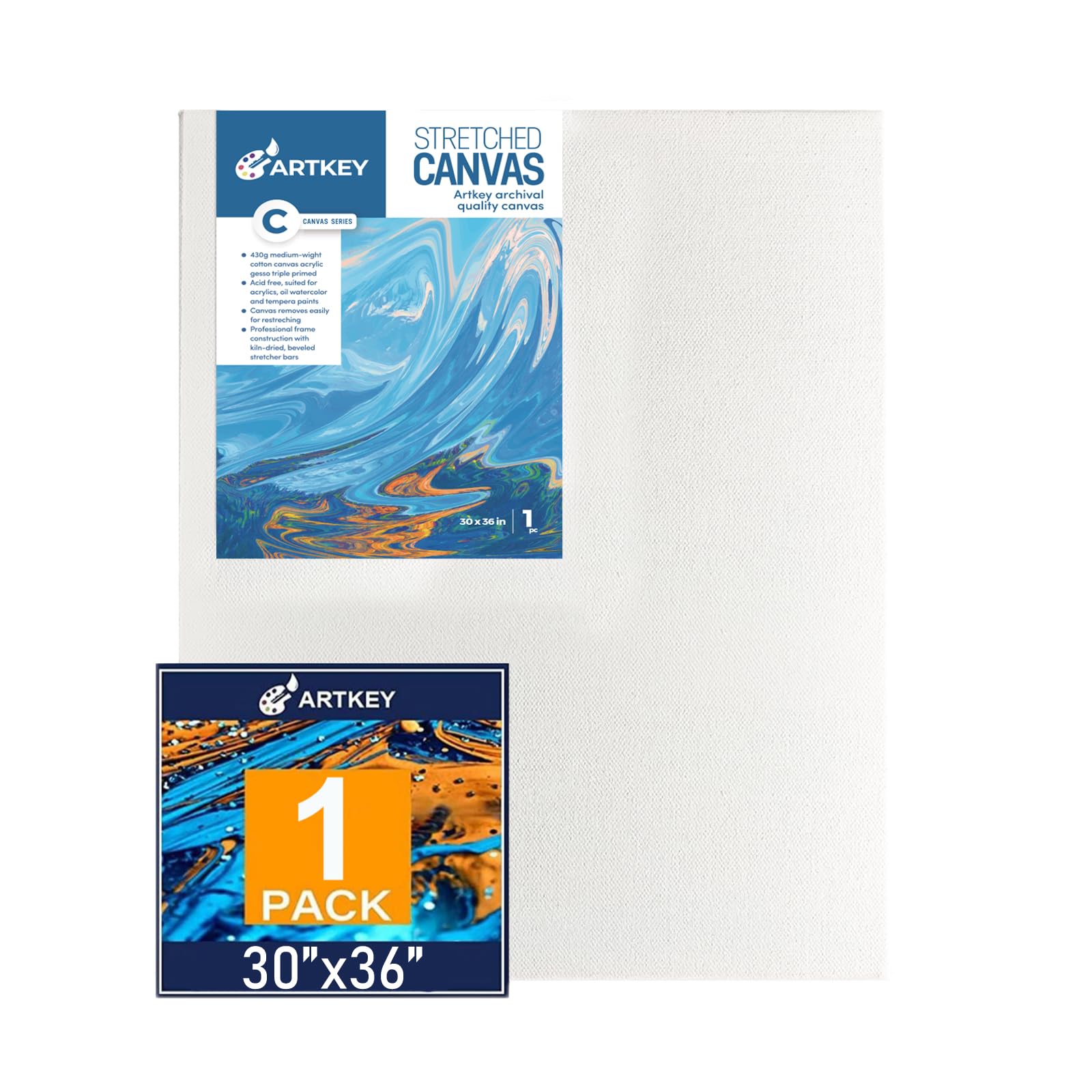 Gallery Wrapped Stretched Canvases for Painting 30x36 Inch 1-Pack, 16 oz Triple Primed Acid-Free 100% Cotton Blank Canvas, Rectangular Spline Canvas for Oil Paint Acrylics Pouring & Wet Art Media — image 1