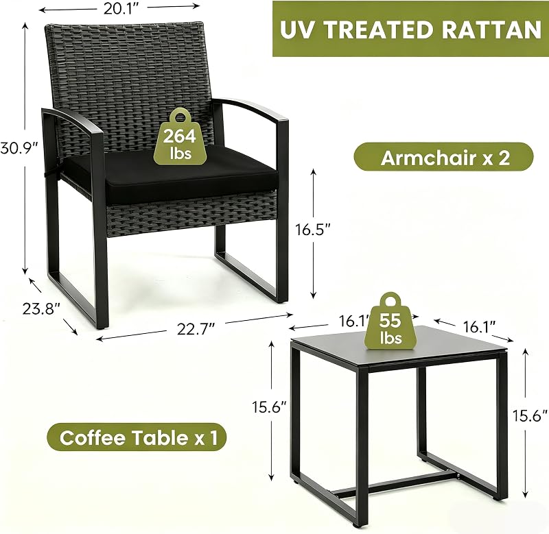 Murago Outdoor 3-Piece Wicker Bistro Set, Patio Conversation Set image 2