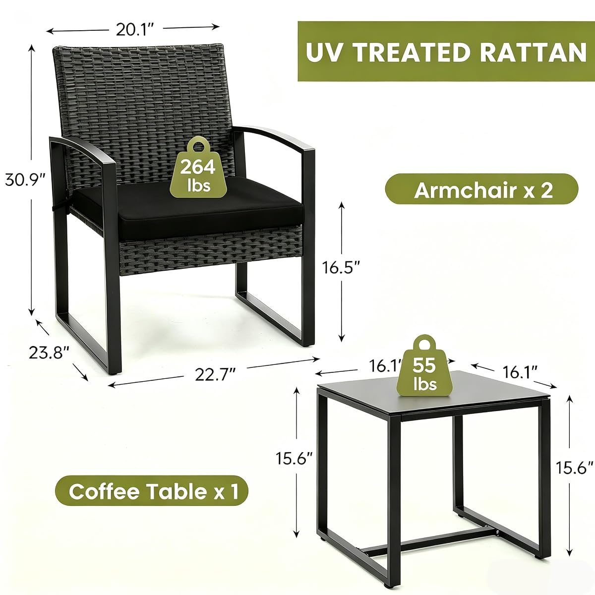 Murago Outdoor 3-Piece Wicker Bistro Set, Patio Conversation Set New-black-3pcs image 1