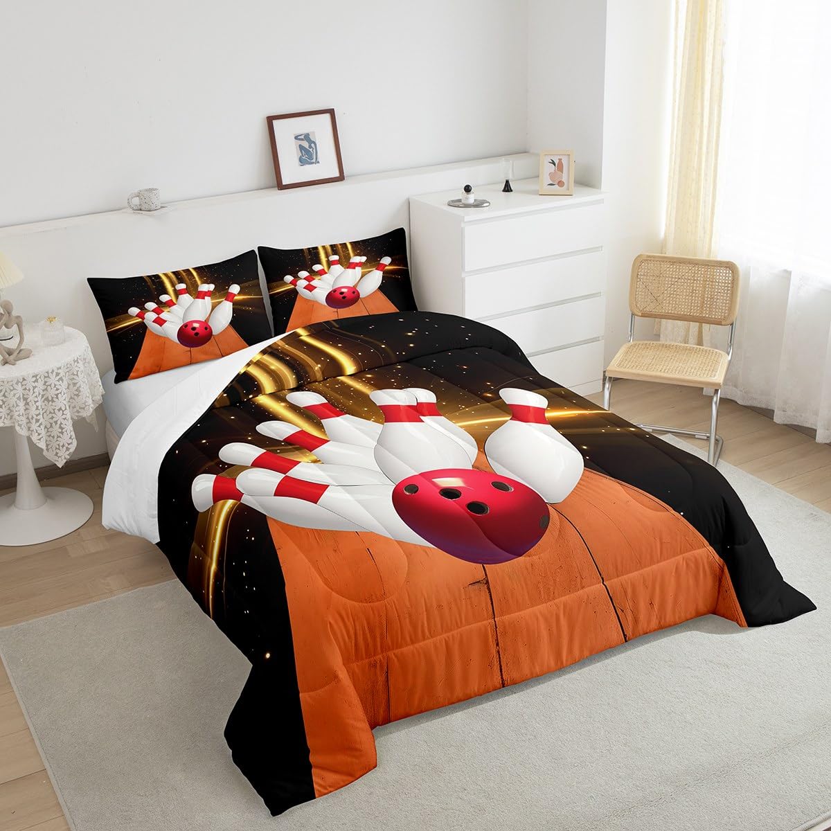 Homewish Boys Bowling Twin Size Comforter Set,Kids Bowling Ball Decor All Season Bedding Set,Teens Sports Games Comforter,Children Bowling Lovers Decor Quilt Set Bedroom Collection 2Pcs