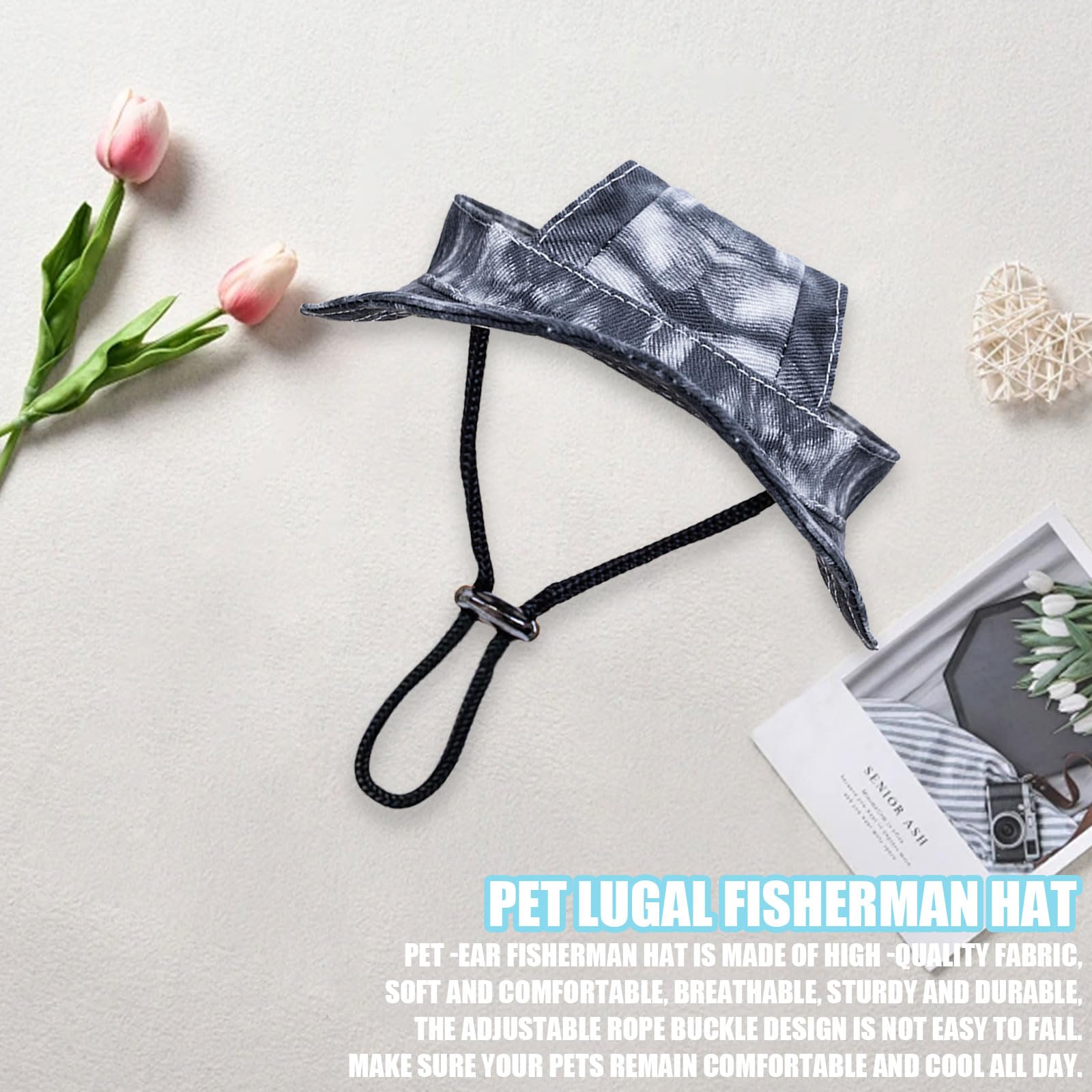 Dog Sun Hat,1PC Adjustable Princess Dog Bucket Hat with Ear Holes,Round Brim Dogs Visor Cap Pet Fisherman Hats for Pupies Small Dogs Cat Outdoor Sport (Black - Image 3