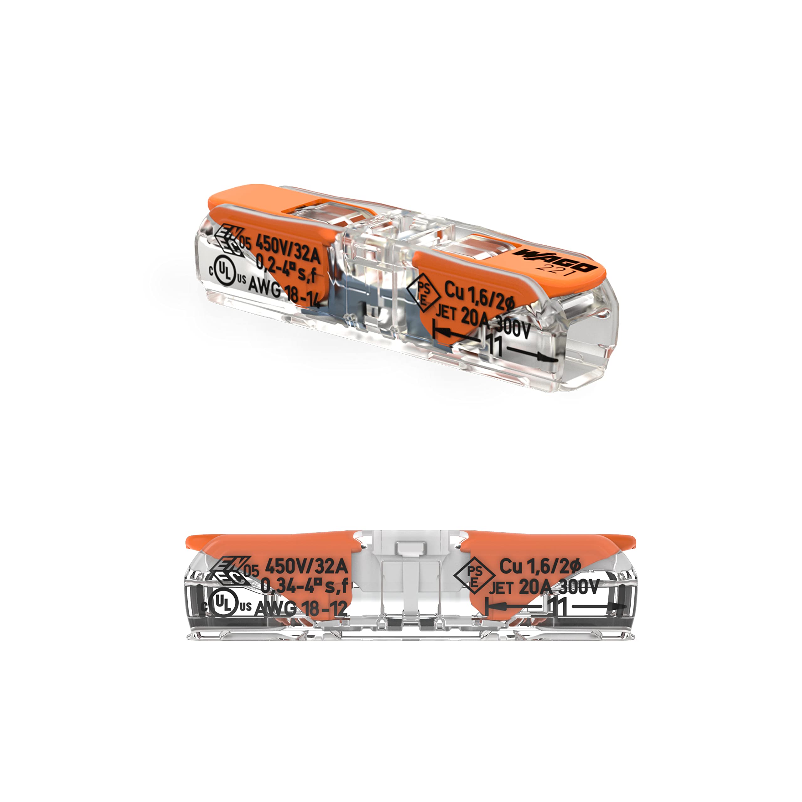 WAGO 221-2401 | Conector de empalme en línea con tuercas de palanca | para conductores sólidos y trenzados | 2 conductores con palancas de funcionamiento | 24-12 AWG | Carcasa transparente | Cubierta