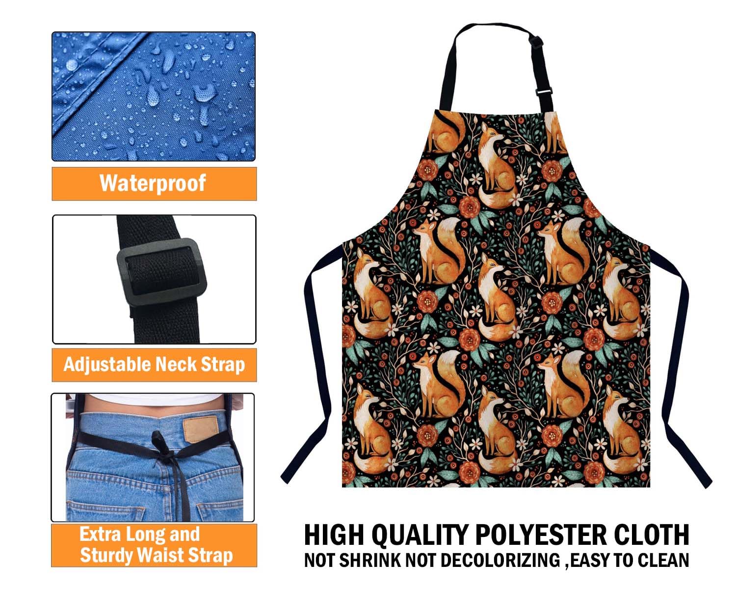 BGBDEIA Cute Fox Fall Autumn Forest Flower Watercolor Kitchen Apron for Men and Women - BBQ, Cooking, Baking and Catering Bib - Image 4