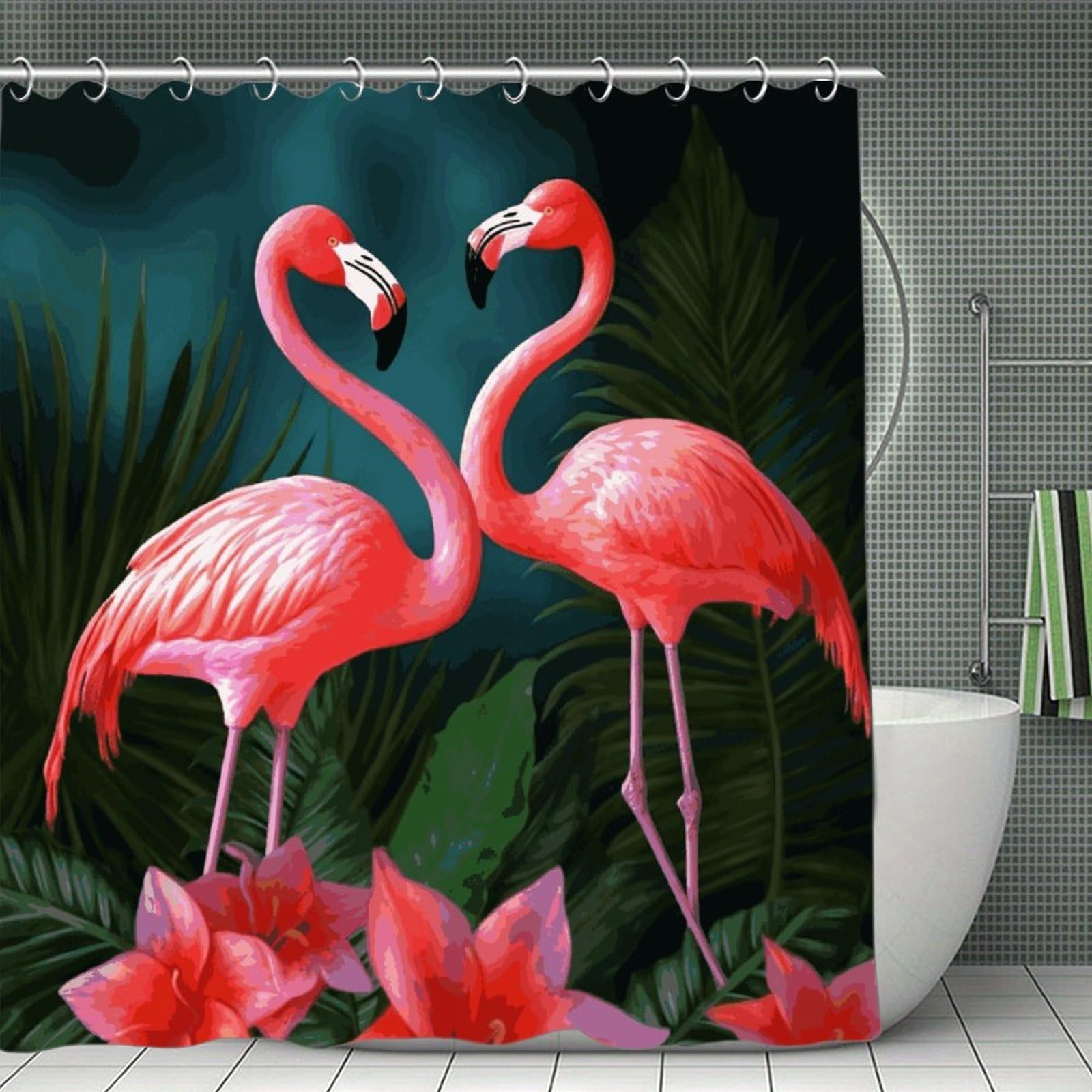 FekiLoot Flamingo Flowers Shower Curtain with Hooks Modern Farmhouse Bathroom Curtain Waterproof Cloth Bath Curtains Cute Washable Blackout Privacy Curtains for Bathroom Bathtub 70.8"x70.8"