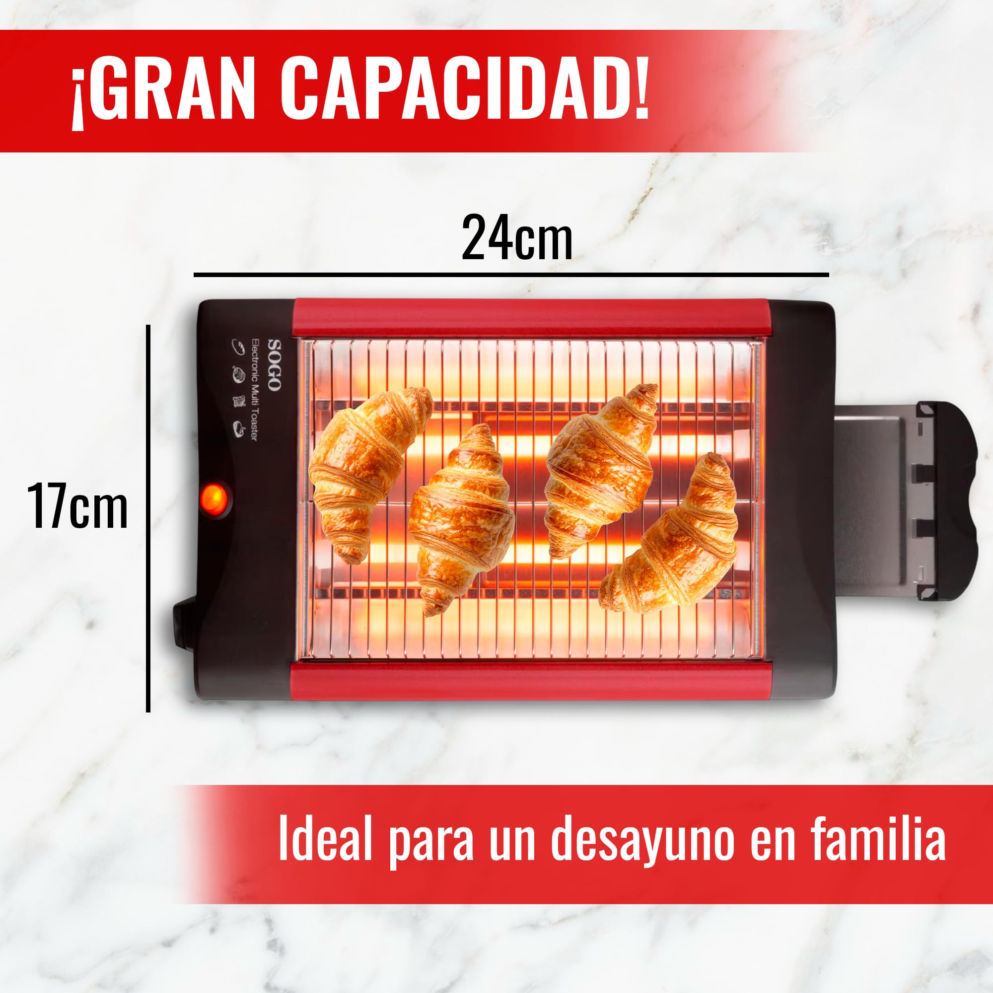 SOGO Tostadora Horizontal para Pan y Bollería – Tostadora Pan Plana con Resistencias de Cuarzo y Temporizador de 5 Minutos – Bandeja Extraíble para Migas e Indicador luminoso