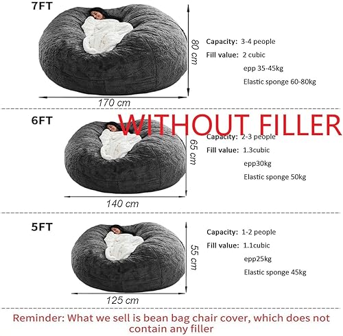 Miniatura 2 de Bean Bag Chair for Adults Kids Without Filling Comfy Fluffy Giant Round Beanbag Lazy Sofa Cover for Reading Chair Floor Chair, 6FT, Grey