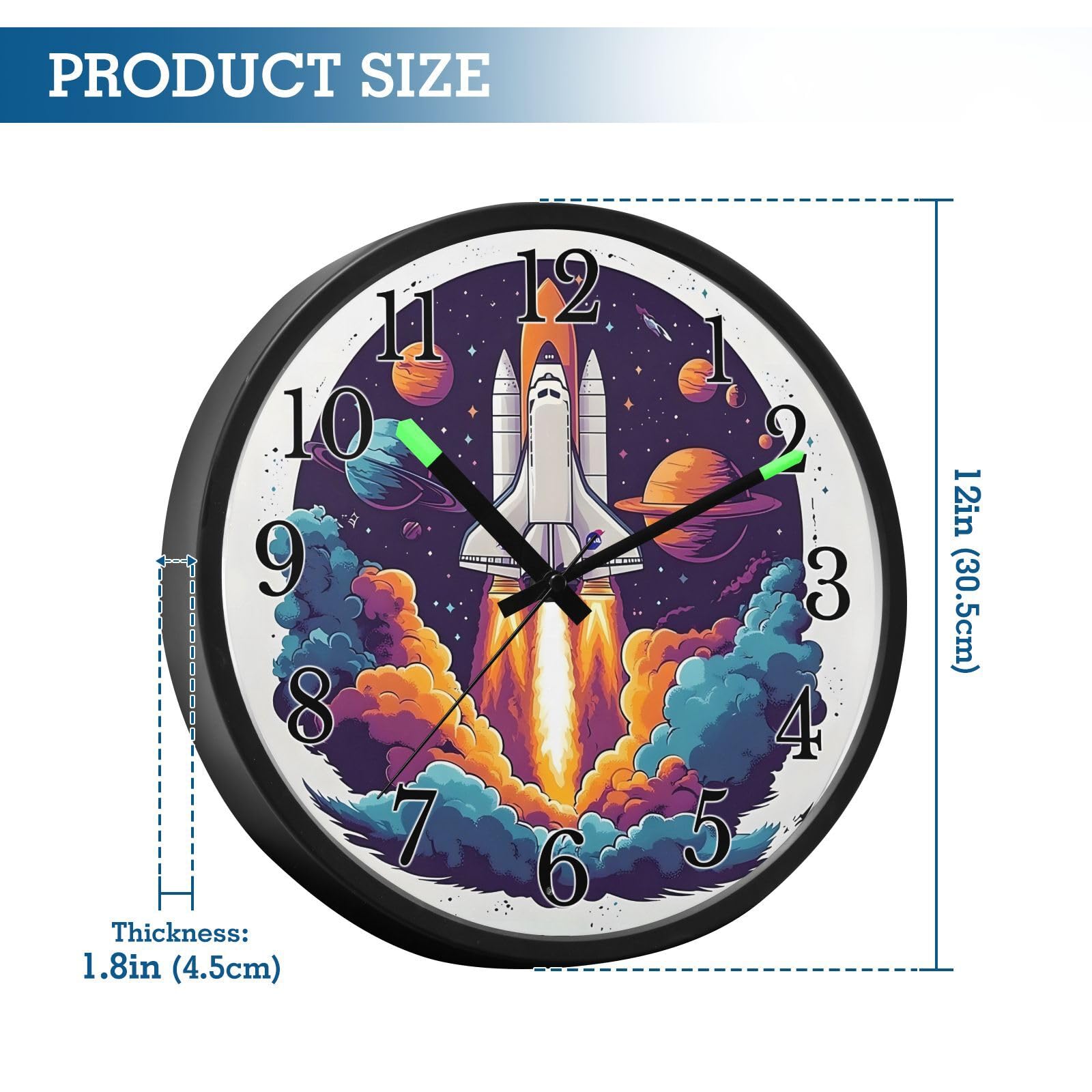 Mnsruu Reloj de pared luminoso, reloj de pared con diseño de cohete de galaxia espacial, brilla en la oscuridad, funciona con pilas, silencioso, sin tictac, luz nocturna para dormitorio