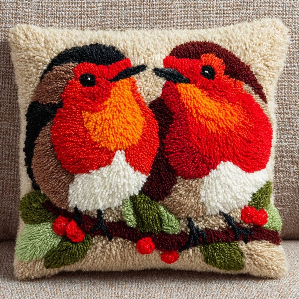 Henypt DIY Latch Hook Cushion Kit,Christmas Robin 43x43cm Sofa Pillow Cover Making Set,Premium Yarn & Printed Canvas with Clear Instructions