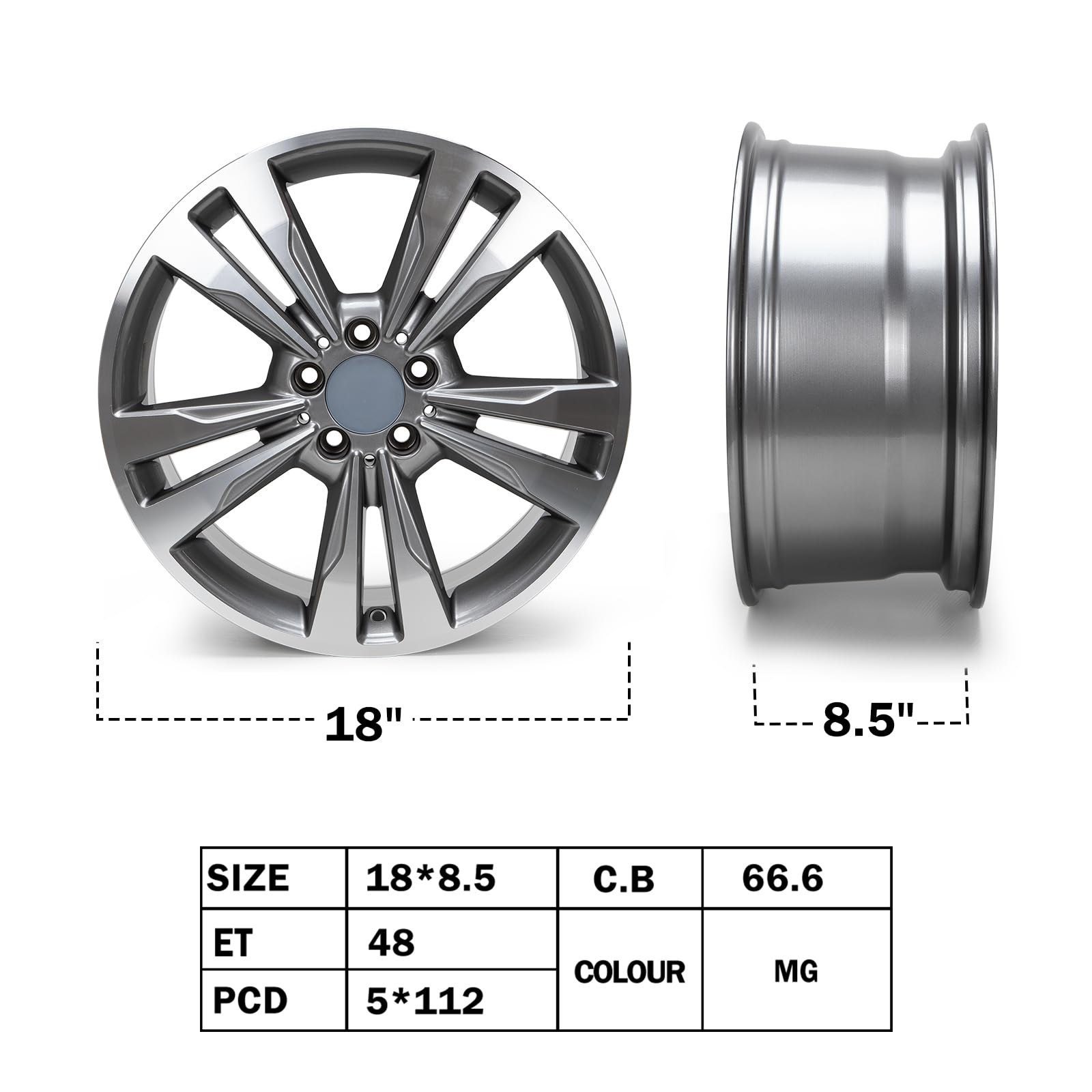 Felgi 18", 18 x 8,5" ET48 mm, 5 x 112, otwór Hub 66,6 mm, felgi samochodowe kompatybilne z Mercedes C300, C350 (2015-2018)