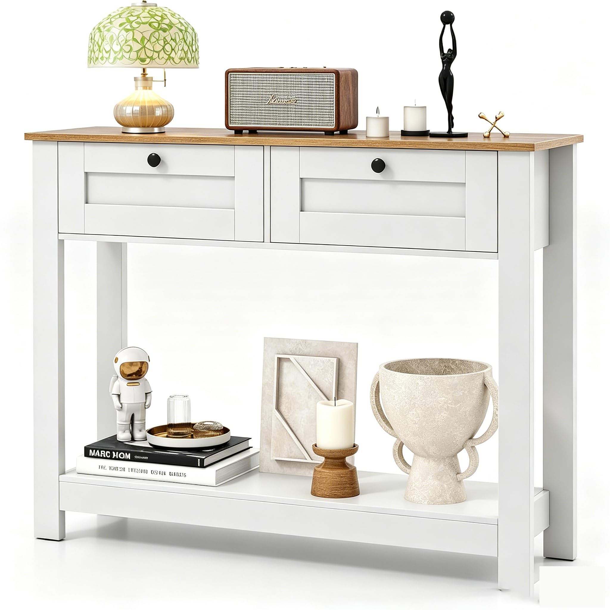 LIFEZEAL Mesita Auxiliar Rectangular de Madera, con Dos Estantes y Dos Cajones, Incluye Diseño Antivuelco, para Pasillos, Recibidores y Salones, Máx.80 kg, Blanco (106 x 30 x 81,5 cm)
