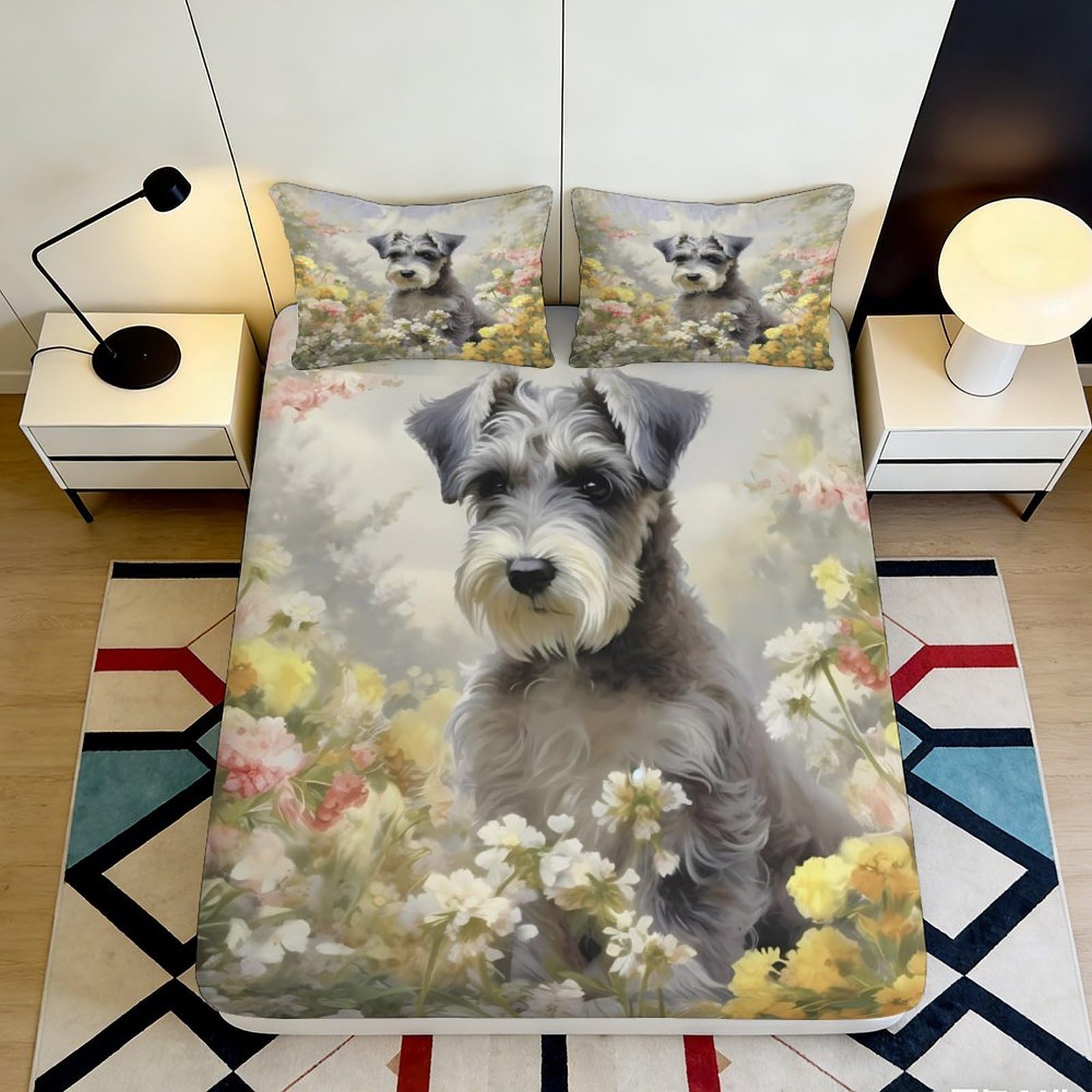 3D Printed Schnauzer Dog Fitted Sheet Microfiber Floral Meadow Bed Cover Anti-Slip Machine Washable for Bedroom Guest Room Decor 90x200x25cm