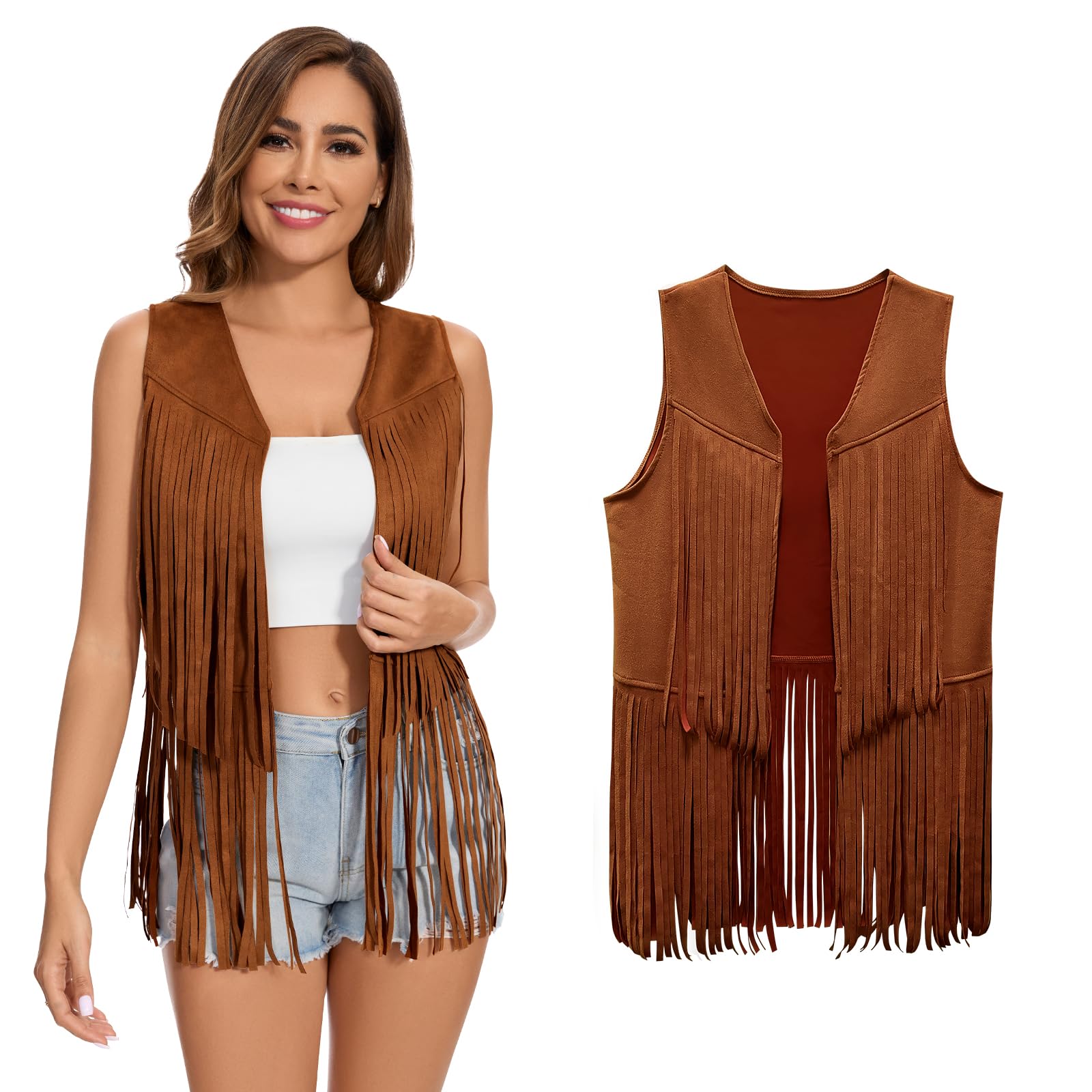 XonyiCos Women's Fringe Vest 70s 60s Hippie Vest Sleeveless Cowgirl Western Faux Suede Tassel Leather Jacket Carnival and Role Play Costumes, brown tassel vest, XL