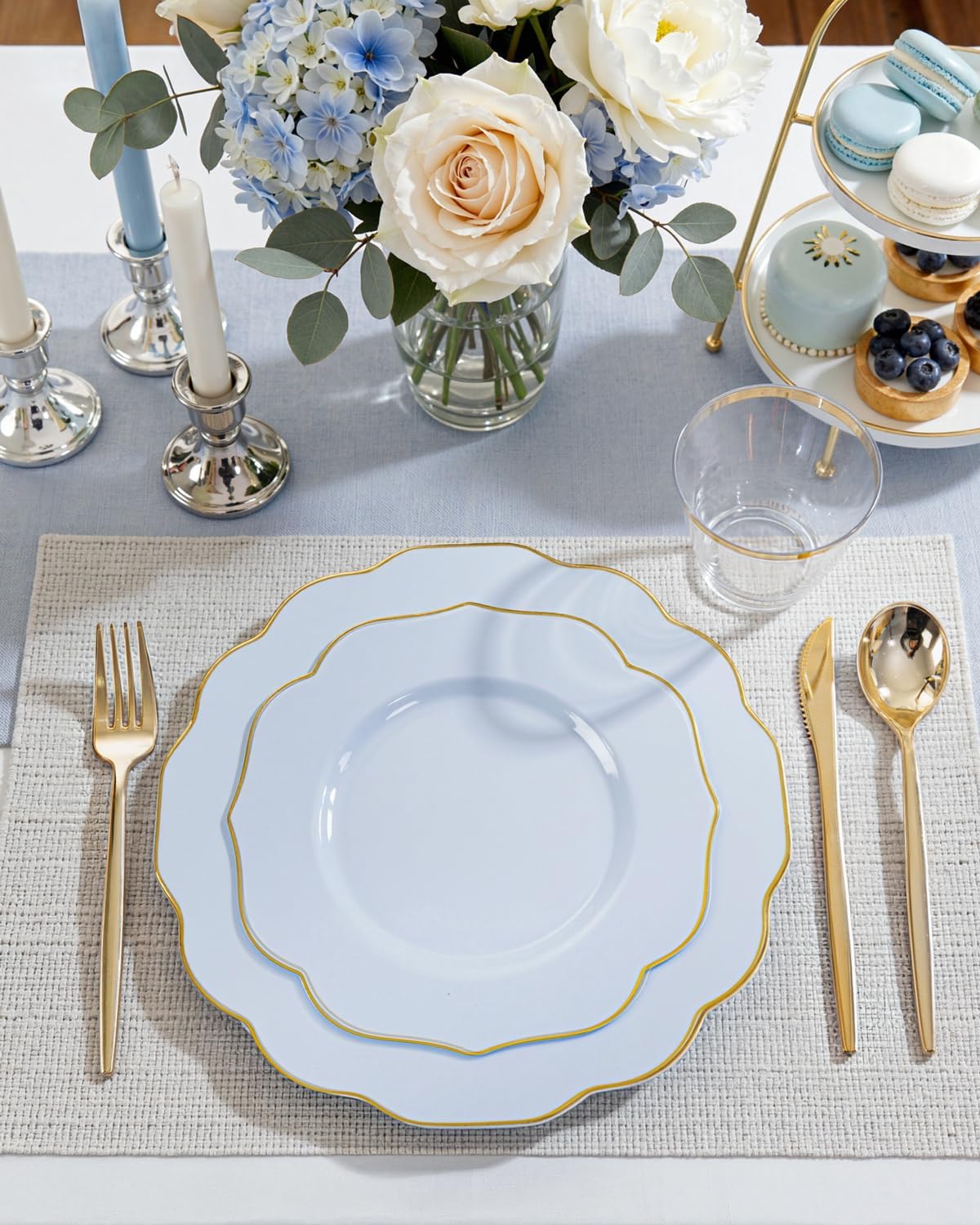 bUCLA 180PCS Blue Plastic Plates - Disposable Light Blue with Gold Rim - Include 30 Each (Dinner & Salad) Plates, 30 Knives, 30 Forks, 30 Spoons, 30 Cups for Party, Easter, Birthday & Shower