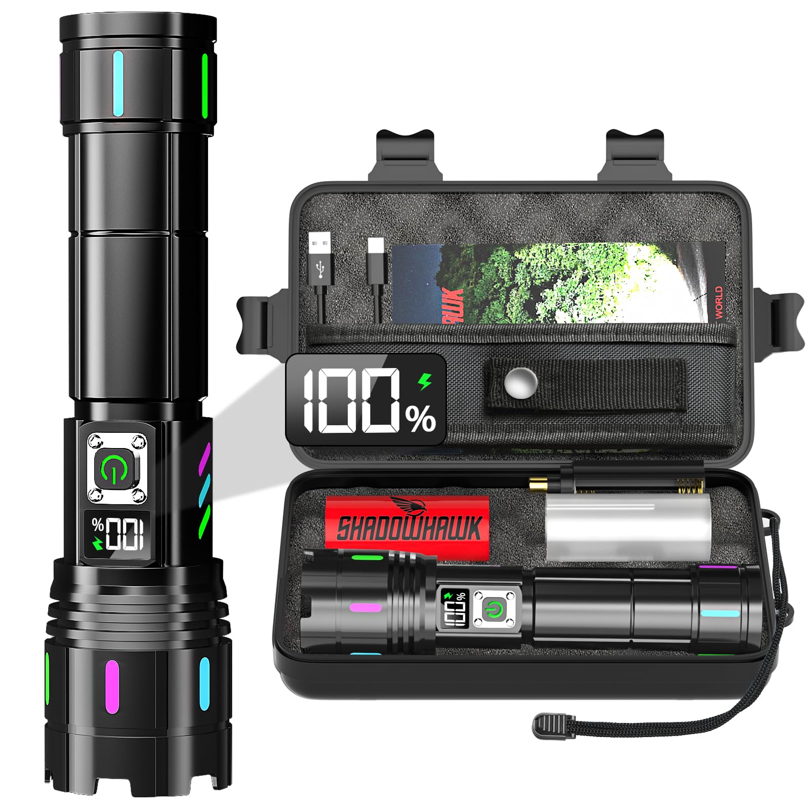 Shadowhawk Torch Light High Power Rechargeable 10000 Lumens - 30W LED Flashlight with LCD Display | Long Range 2km & 12H Long Lasting USB C Powerful Waterproof Torches for Camping/Trekking/Emergency