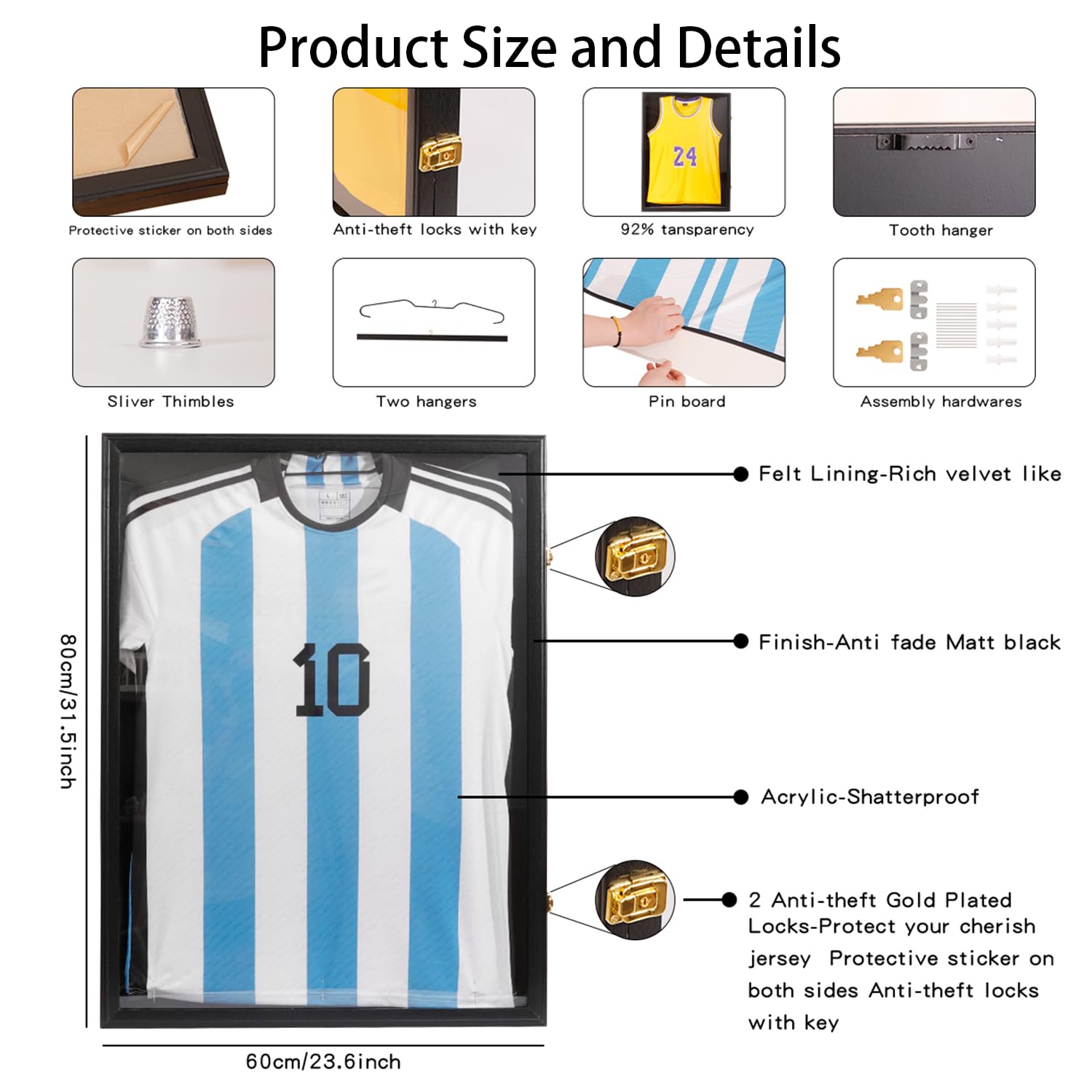 Marco Para Camisetas De Futbol,Marco Camisetas,98% De Protección Contra Los Rayos Uv,Con Tapa Abatible y Cierre Con Llave-80x60cm-Incluye Accesorios De Montaje,Con Perchero(Negro)