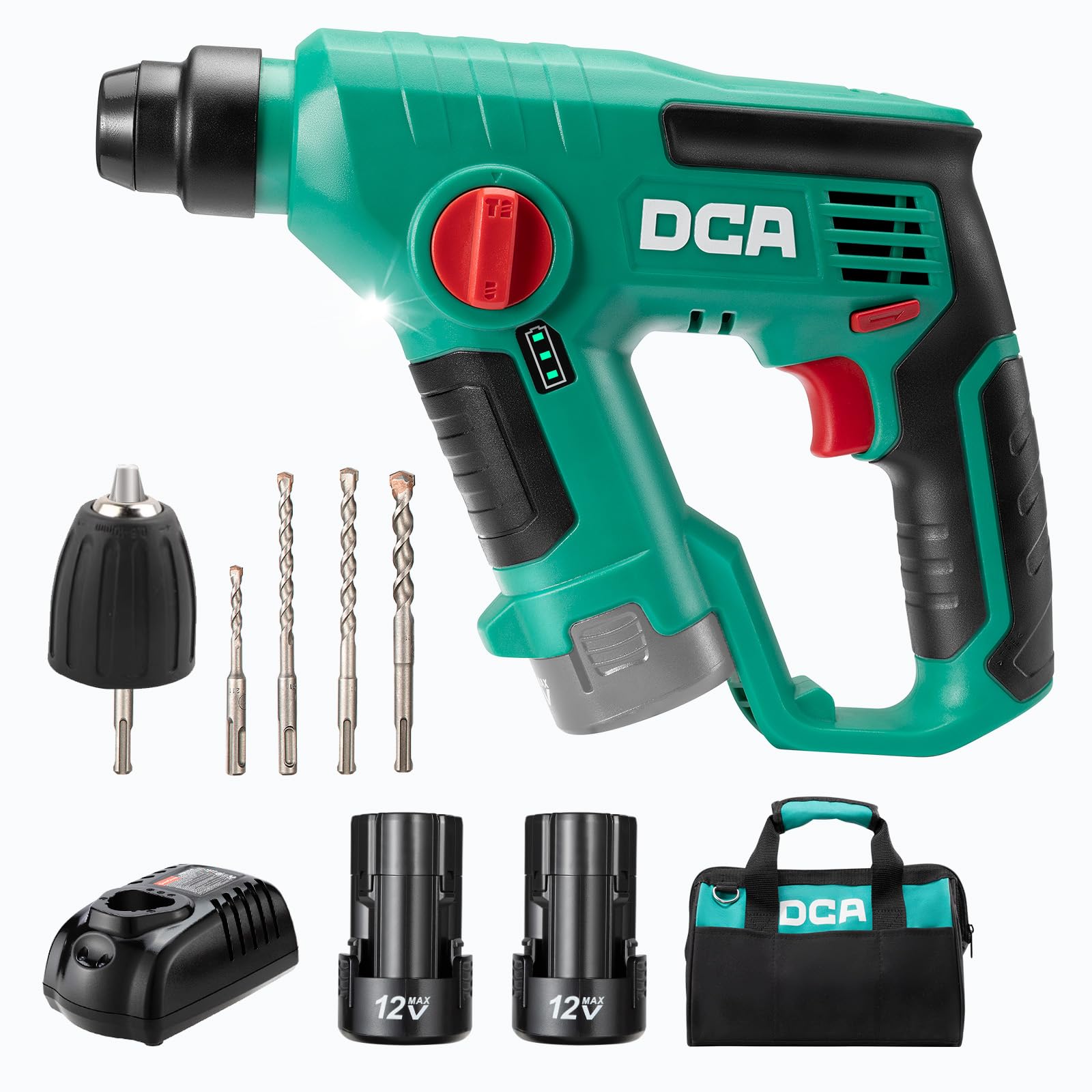 DCA 12V Cordless Drill Set SDS-Plus Hammer Drill, 1J 3-IN-1 Power Drill with Variable Speed, 2*2.0Ah Battery, 0-900 RPM/5600 BPM, with 3/8" Drill