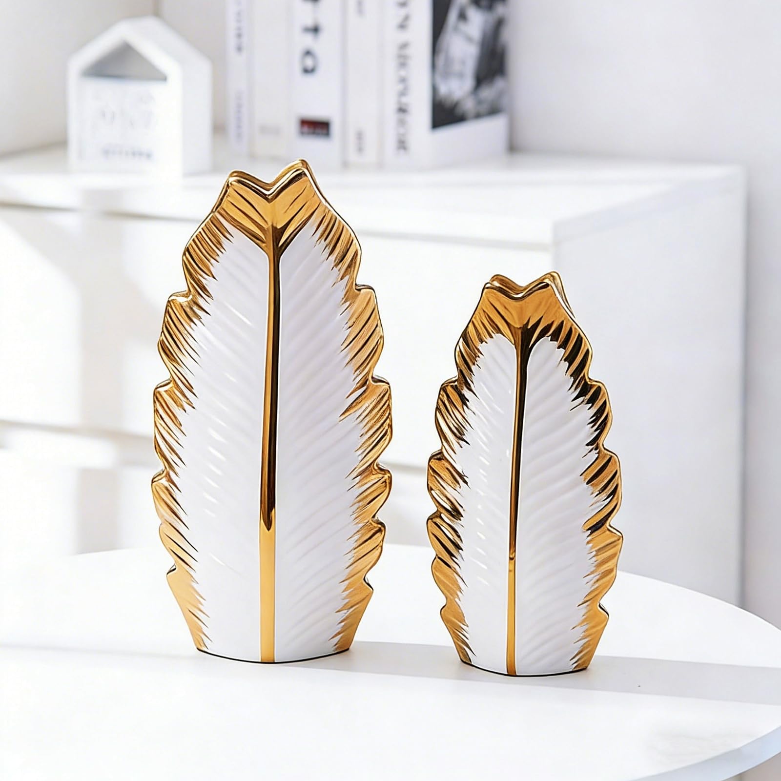 Set di 2 vasi in ceramica, moderno boho nordico, decorazione per soggiorno, matrimonio, cena, tavolo, feste, ufficio e camera da letto (Bianco e oro)