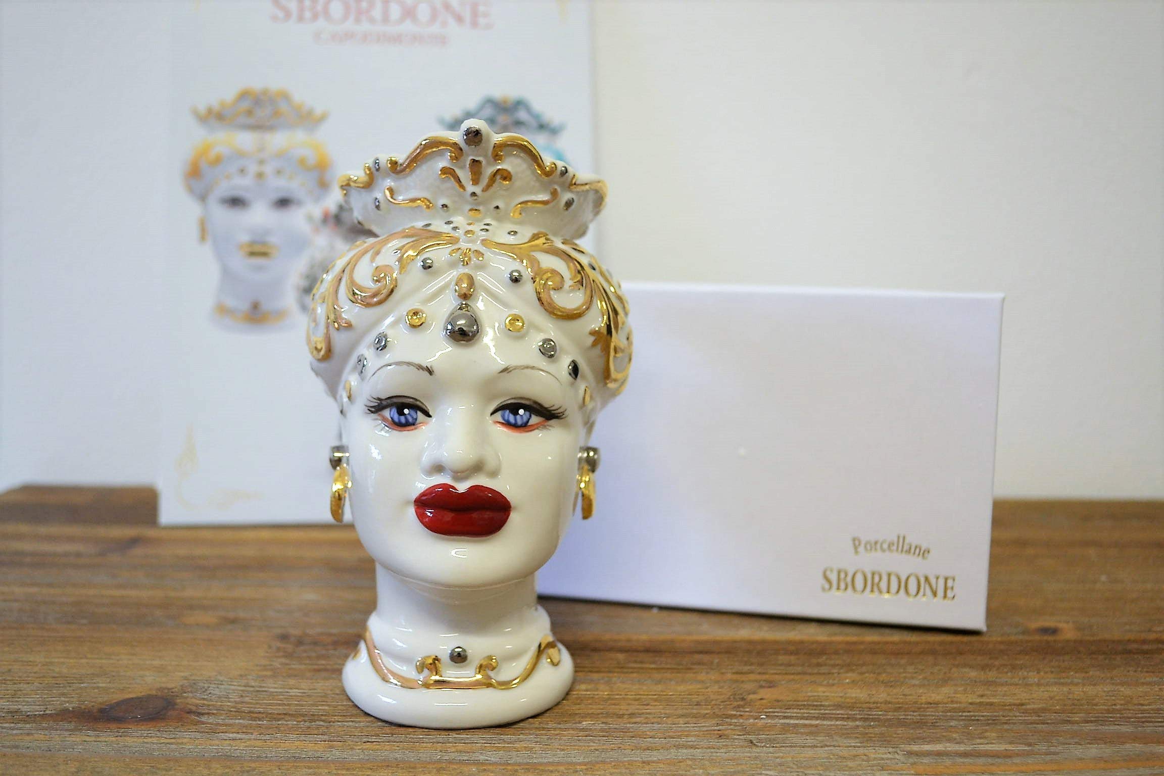 Testa Di Moro In Porcellana Capodimonte SBORDONE - Donna, H. 16 Cm, Decorata A Mano, Made In Italy