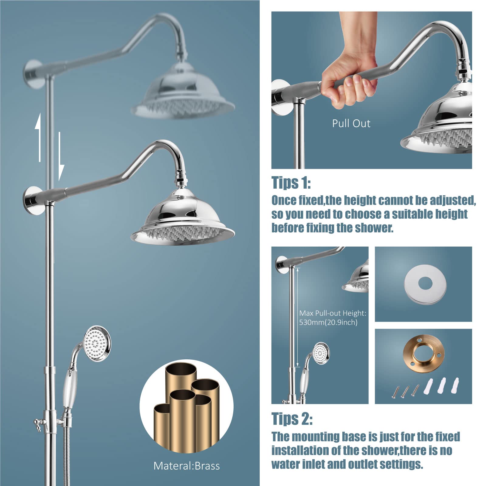 Système de Douche Pommeau de Douche en Chrome Poli Robinet à Effet Pluie de 8 Pouces Tube d'extension de 12 Pouces Inclus Douchette à Main Mitigeur à Double Levier Ensemble combiné