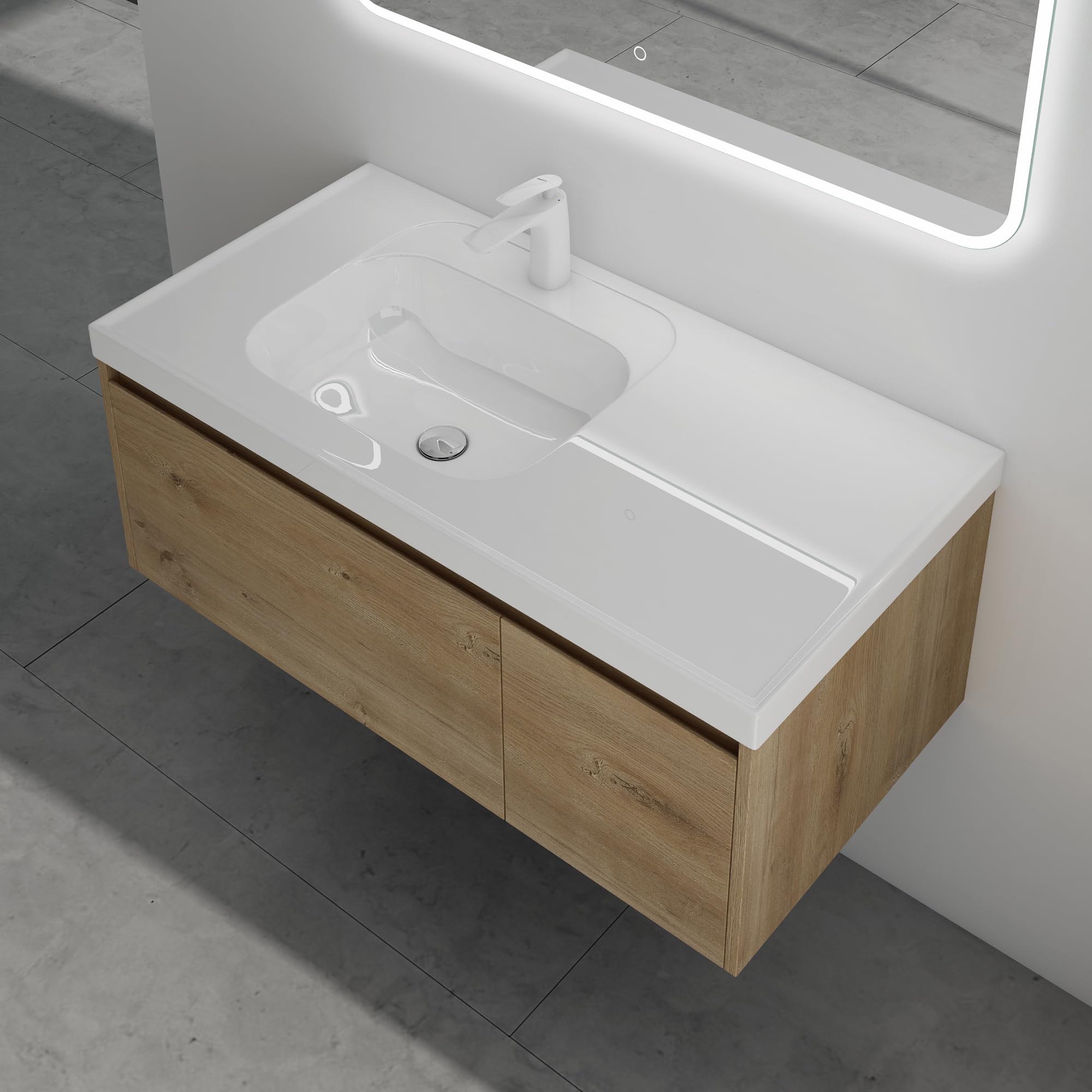 Mai & Mai Meuble de Salle de Bain Marron Clair avec Lavabo Meuble sous Vasque 100x50x40cm Meuble Suspendu avec Tiroir Salerno
