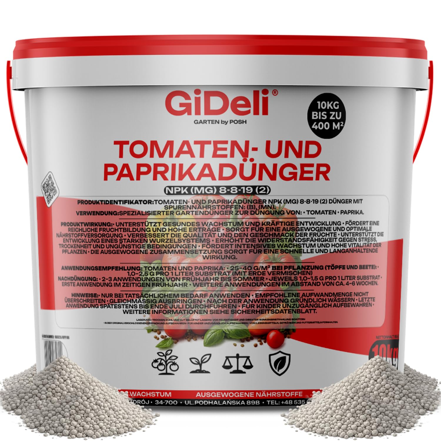 GiDeli Tomatendünger 10 kg Granulat, Paprika Gemüsedünger Chloridarm NPK